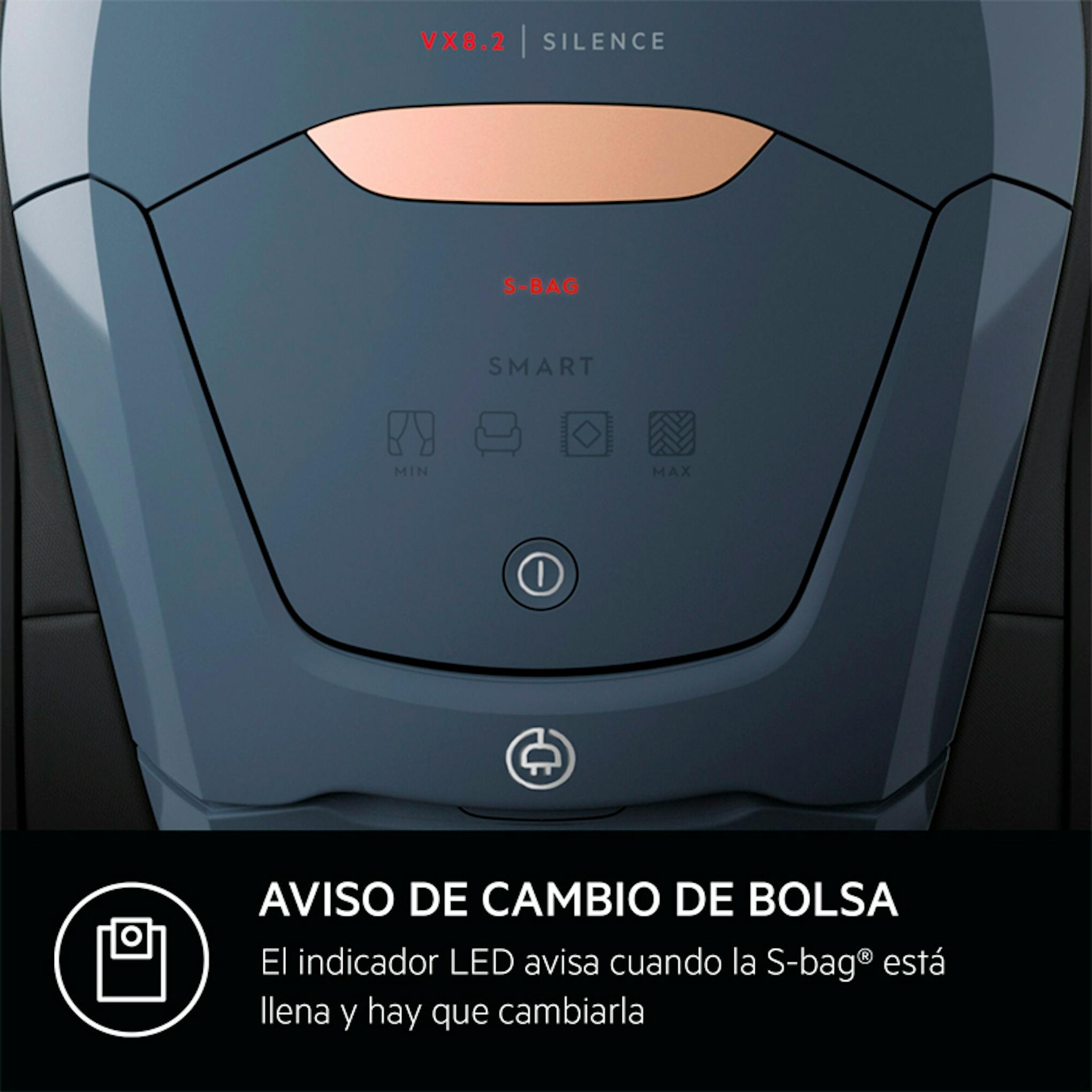 Aspirador con bolsa AEG VX82-1-5DB, detalle del panel frontal con aviso de cambio de bolsa