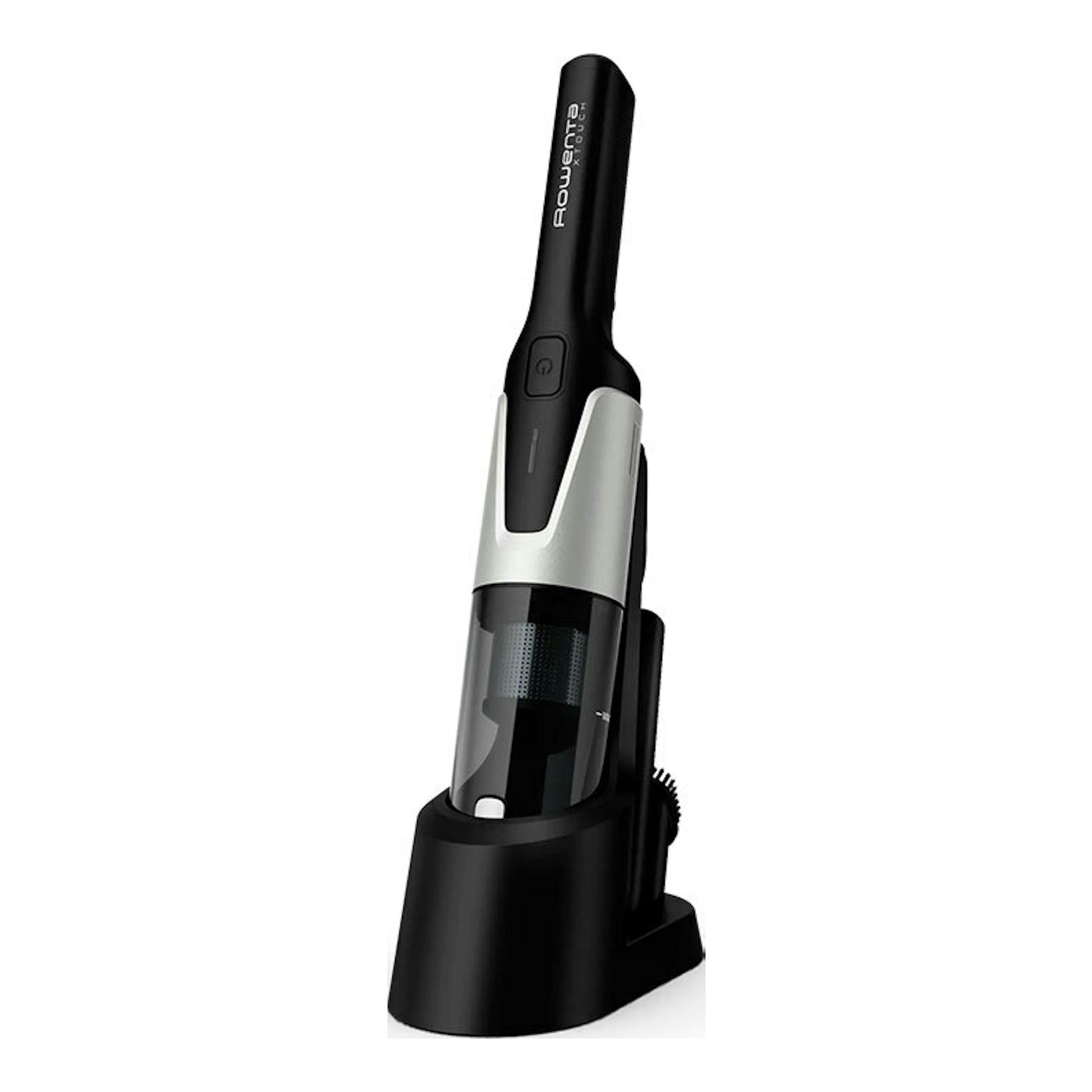 Aspirador de mano Rowenta AC9736WO negro y plateado en base de carga, vista frontal.