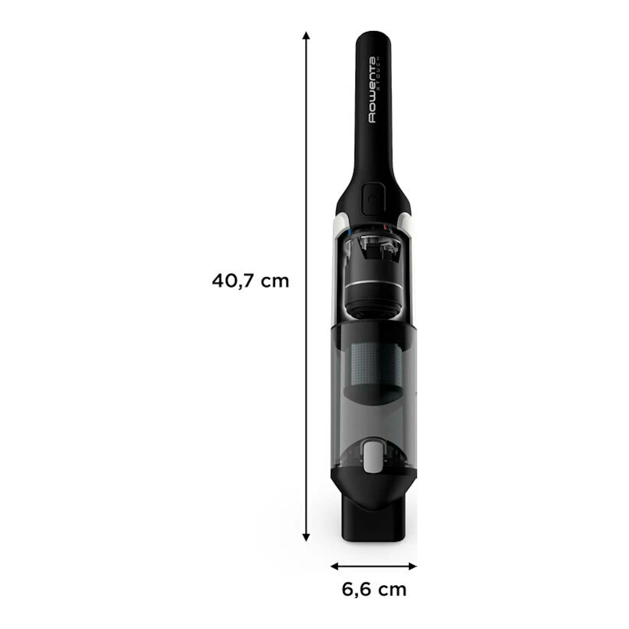 Aspirador de mano Rowenta AC9736WO negro, vista frontal, con depósito transparente y medidas 40,7 x 6,6 cm.