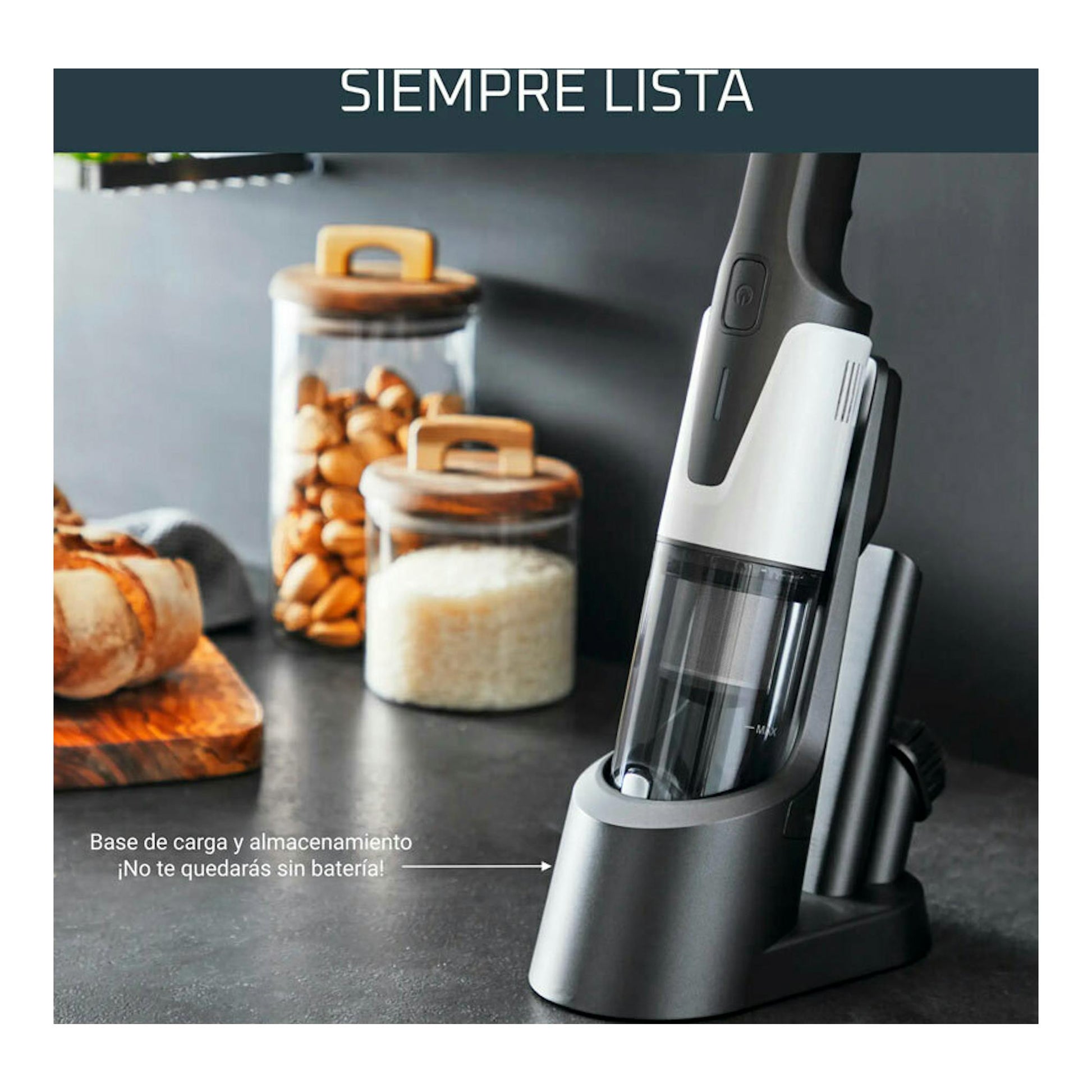 Aspirador de mano Rowenta AC9736WO negro y blanco en base de carga, vista frontal en cocina.