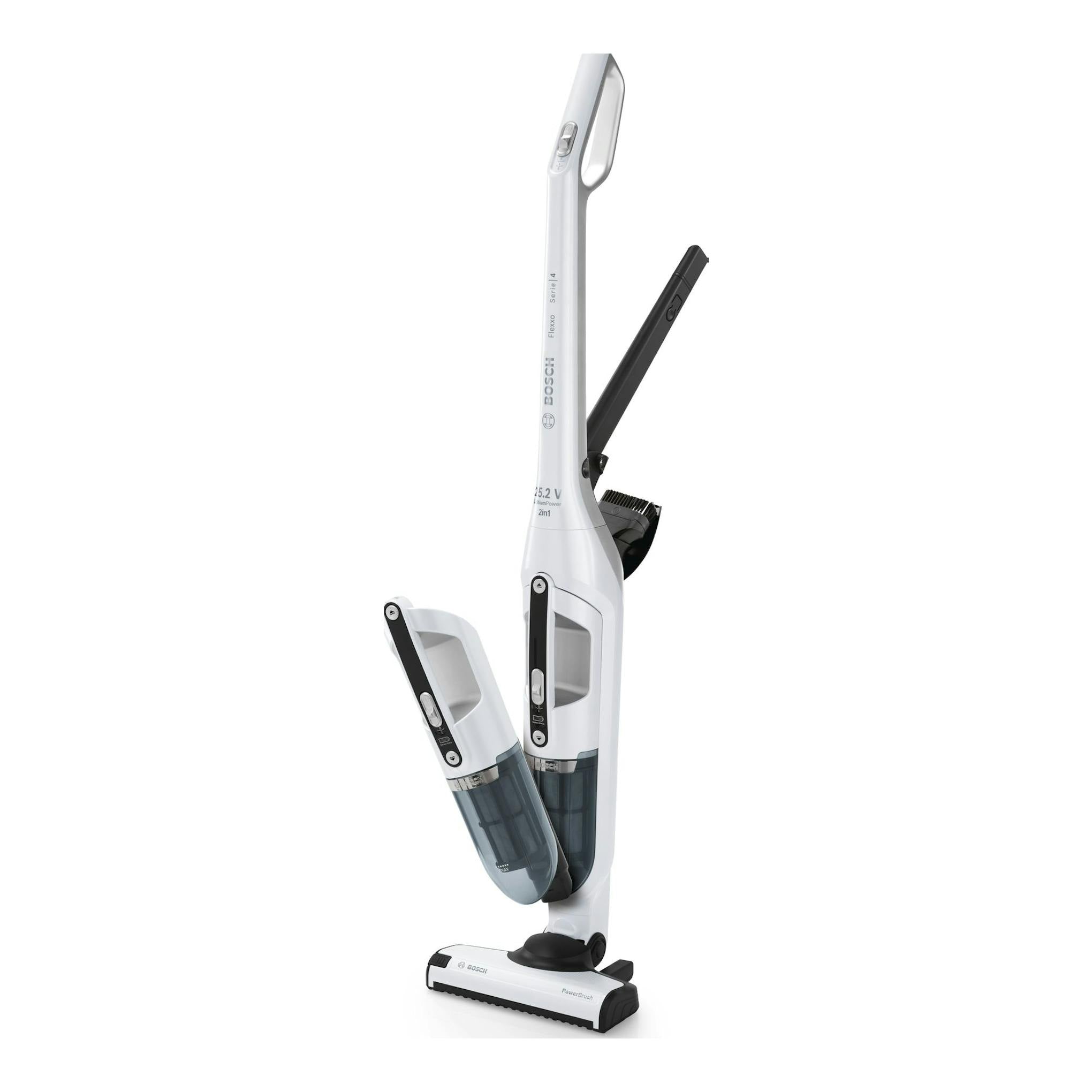 Aspirador escoba Bosch Flexxo BBH32551 sin cable, blanco y negro, vista frontal sobre fondo blanco.