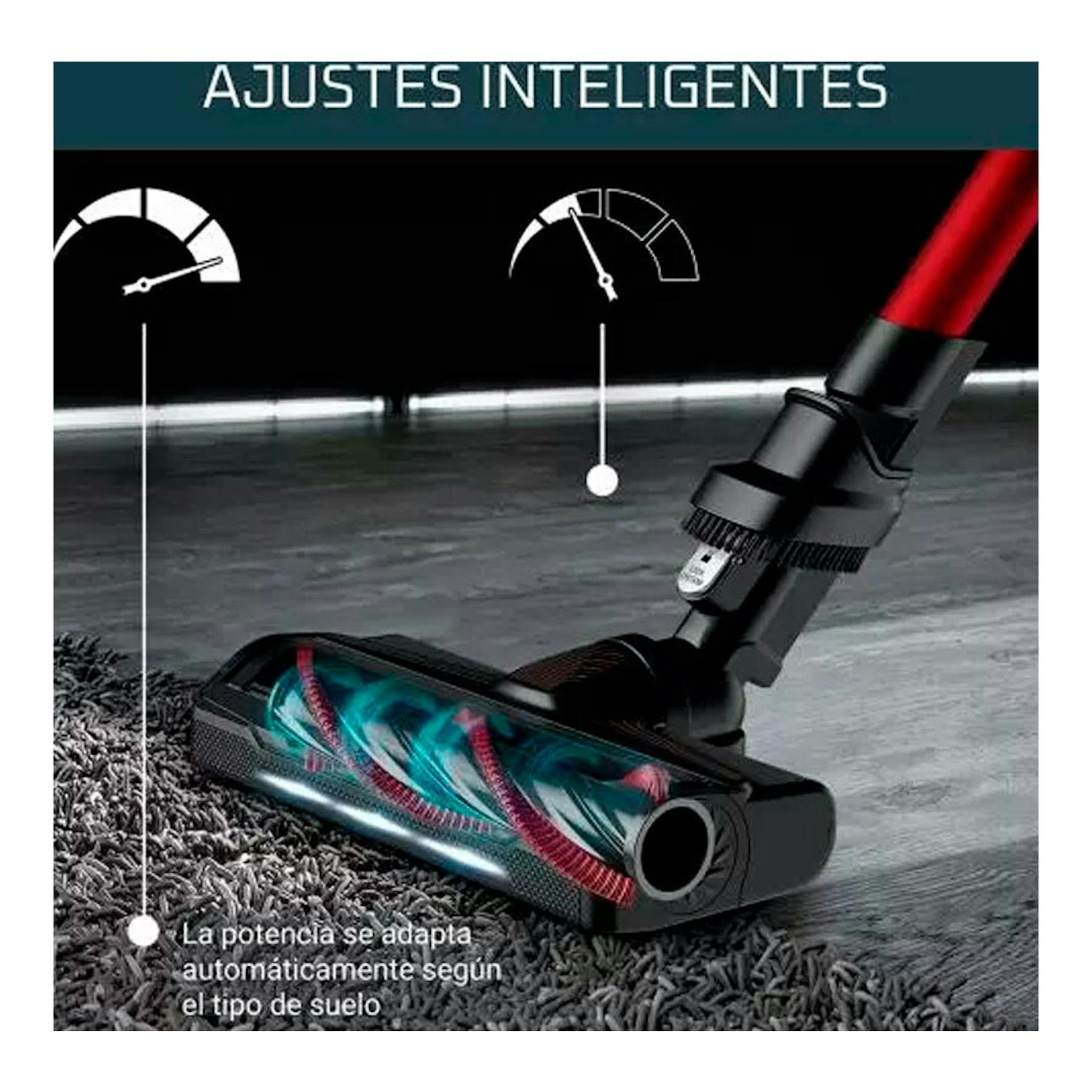 Aspirador escoba Rowenta RH2077WO, vista en diagonal del cepillo negro y rojo sobre alfombra, con texto de ajustes.