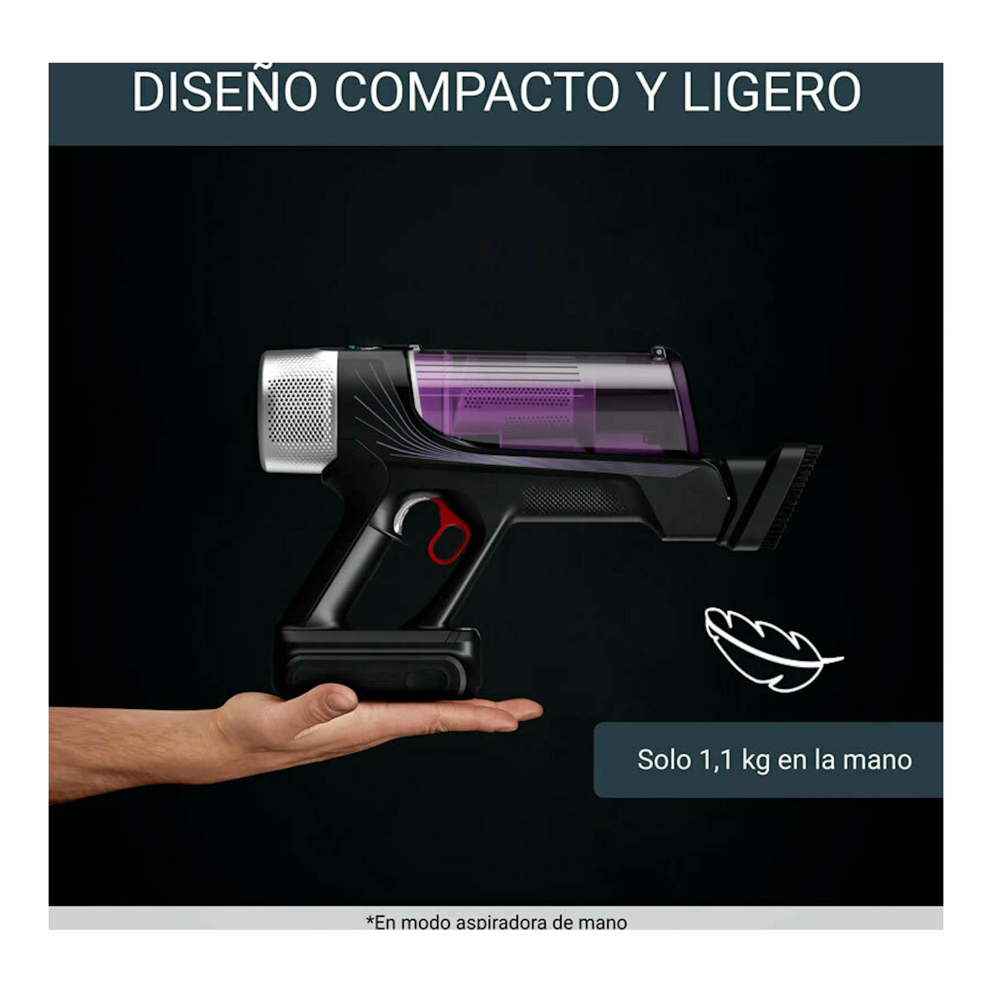 Aspirador escoba Rowenta RH2077WO negro y morado, visto de perfil sobre una mano, con texto de 1,1 kg.