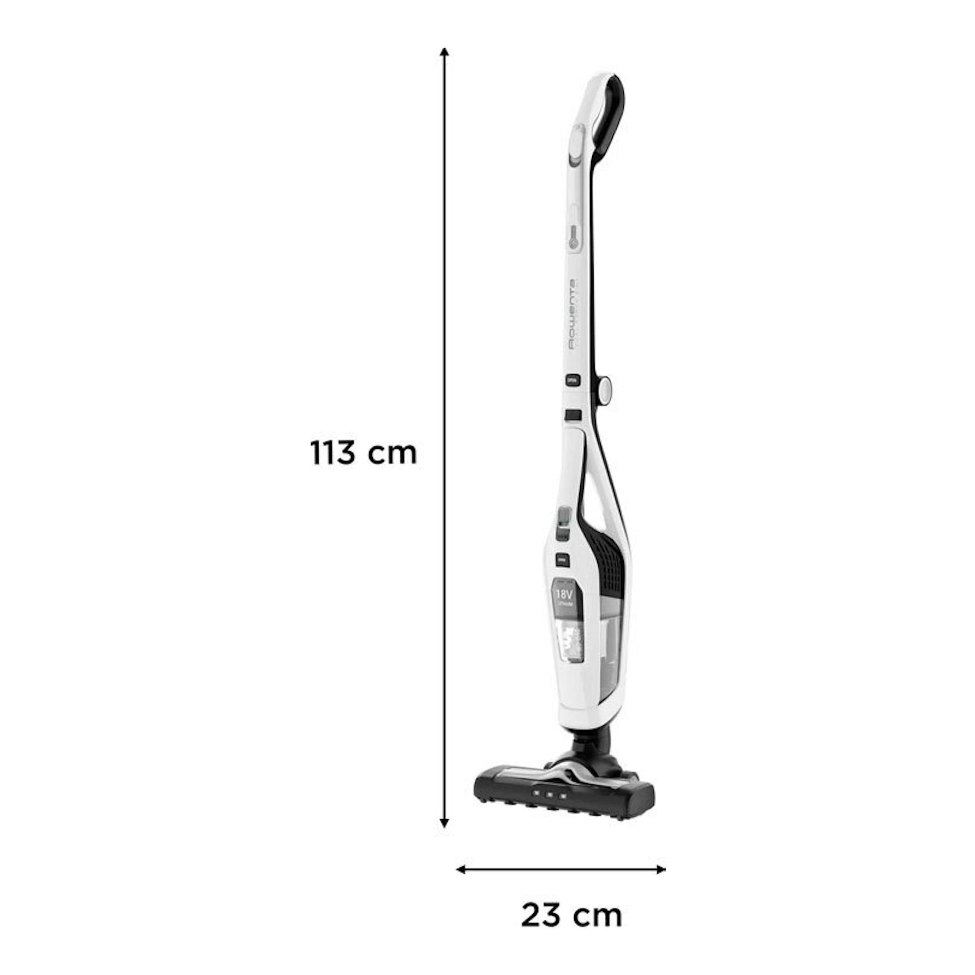 Aspirador escoba Rowenta RH6737WH blanco y negro, vista lateral, con medidas de 113 cm de alto y 23 cm de ancho.