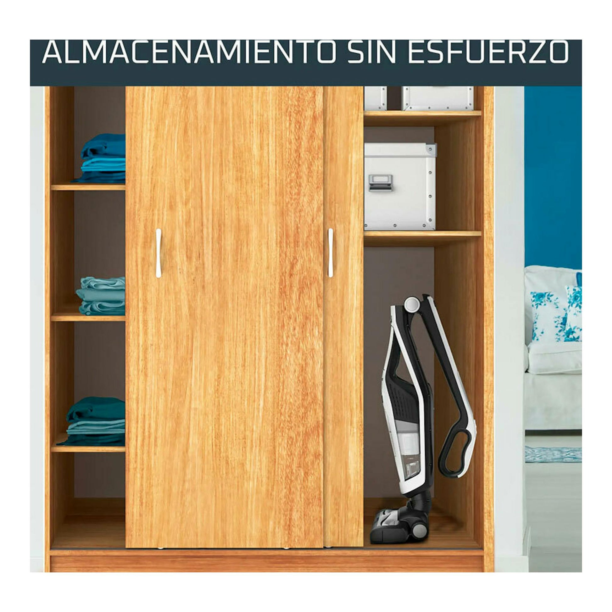Rowenta RH6737WH aspirador escoba negro y blanco guardado en un armario de madera, vista frontal.