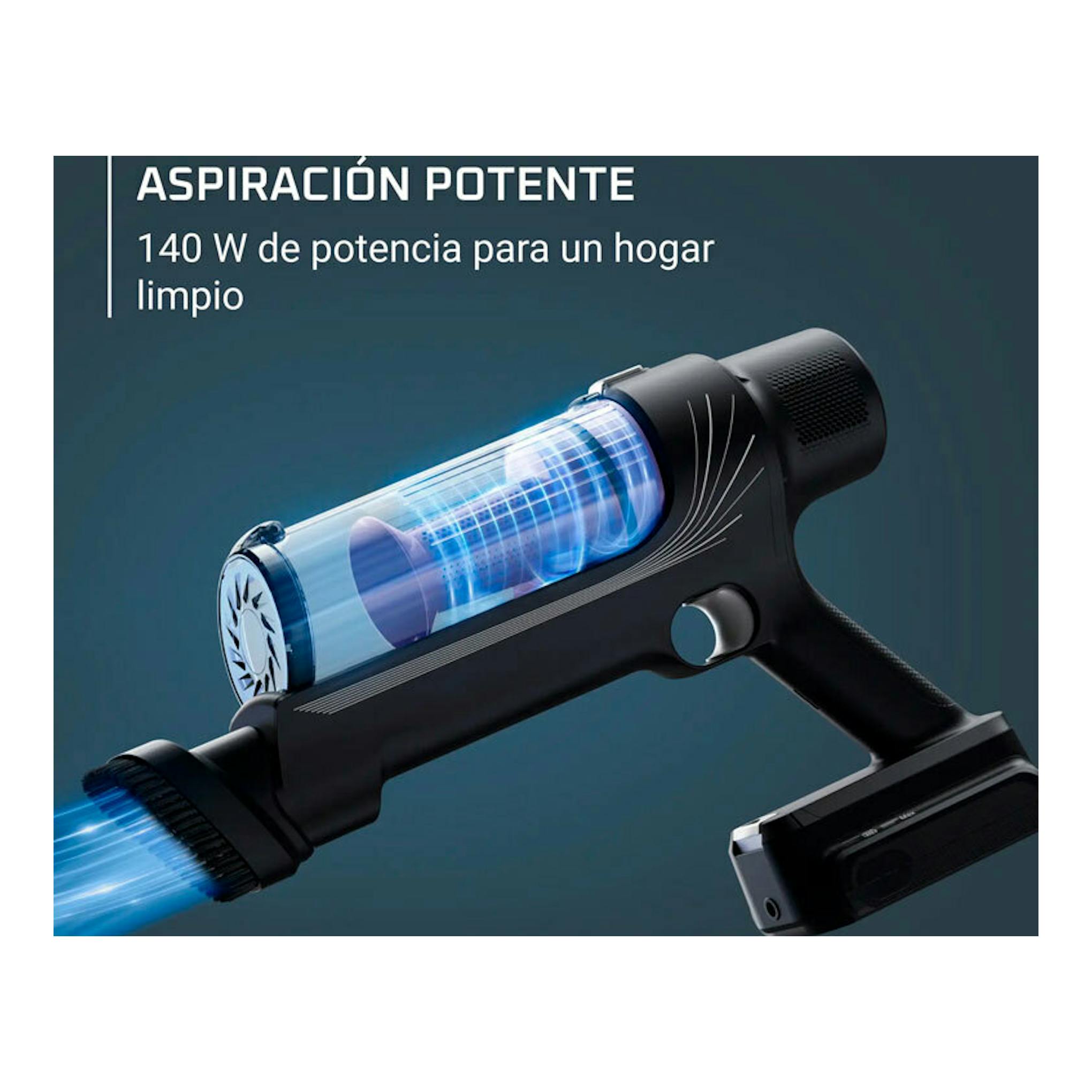 Aspirador escoba Rowenta RH6A35WO negro, vista lateral inclinada, con depósito transparente azul.