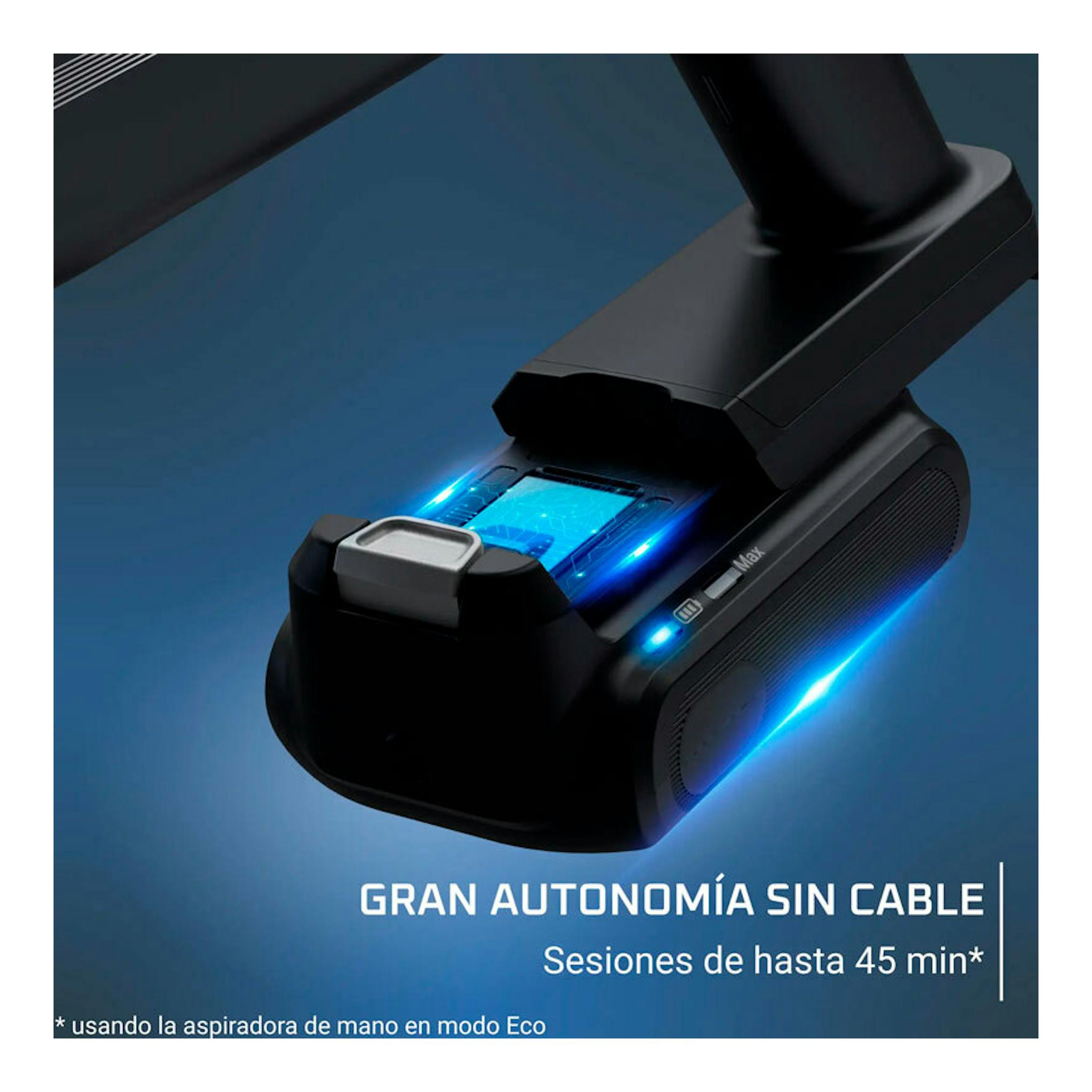 Rowenta RH6A35WO: primer plano en ángulo de una aspiradora escoba negra con batería iluminada en azul.