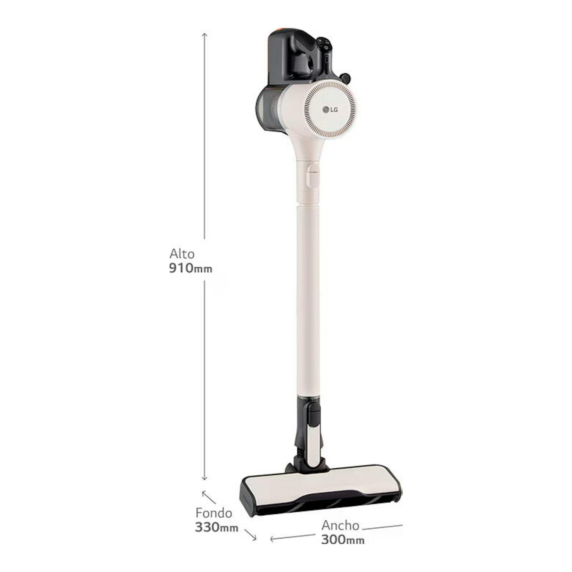 Aspirador escoba LG A9K-LITE1C en color beige y negro, vista frontal, con medidas 910 x 330 x 300 mm.