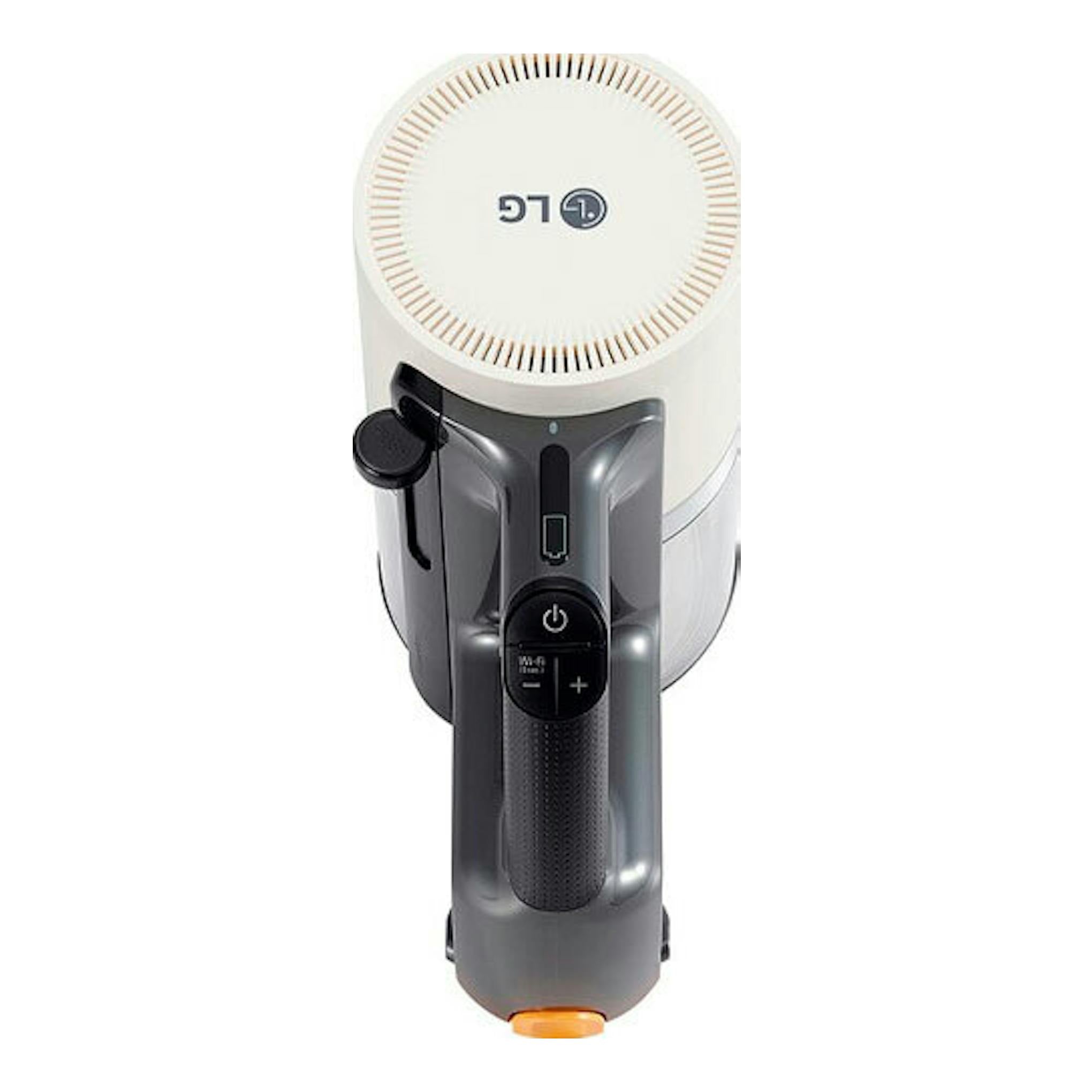 Aspirador LG A9T-PRIME1C blanco, vista frontal, colocado en su base de carga.