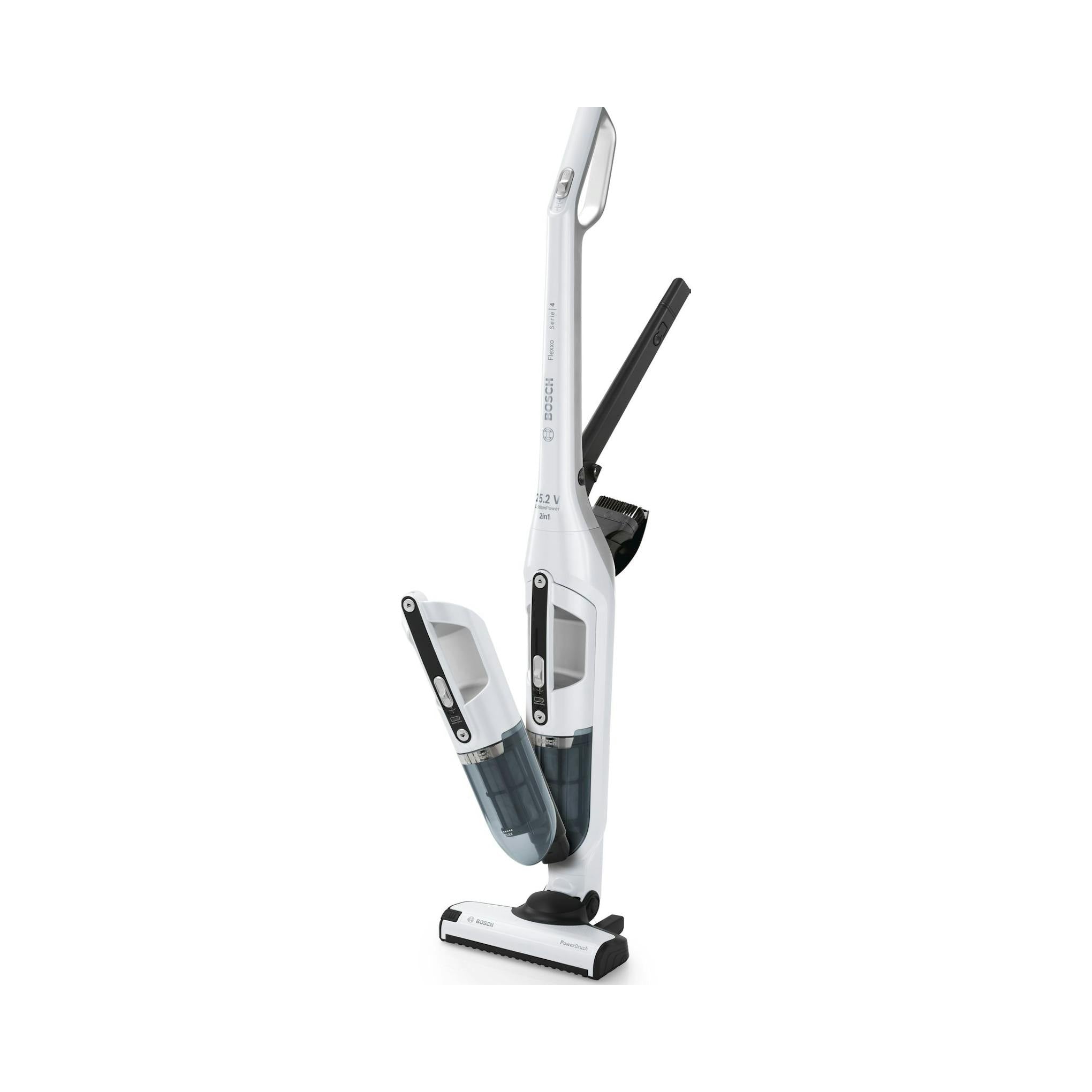 Aspiradora escoba Bosch Flexxo 25.2V BBH32551 blanca, vista frontal con módulo de mano separado.