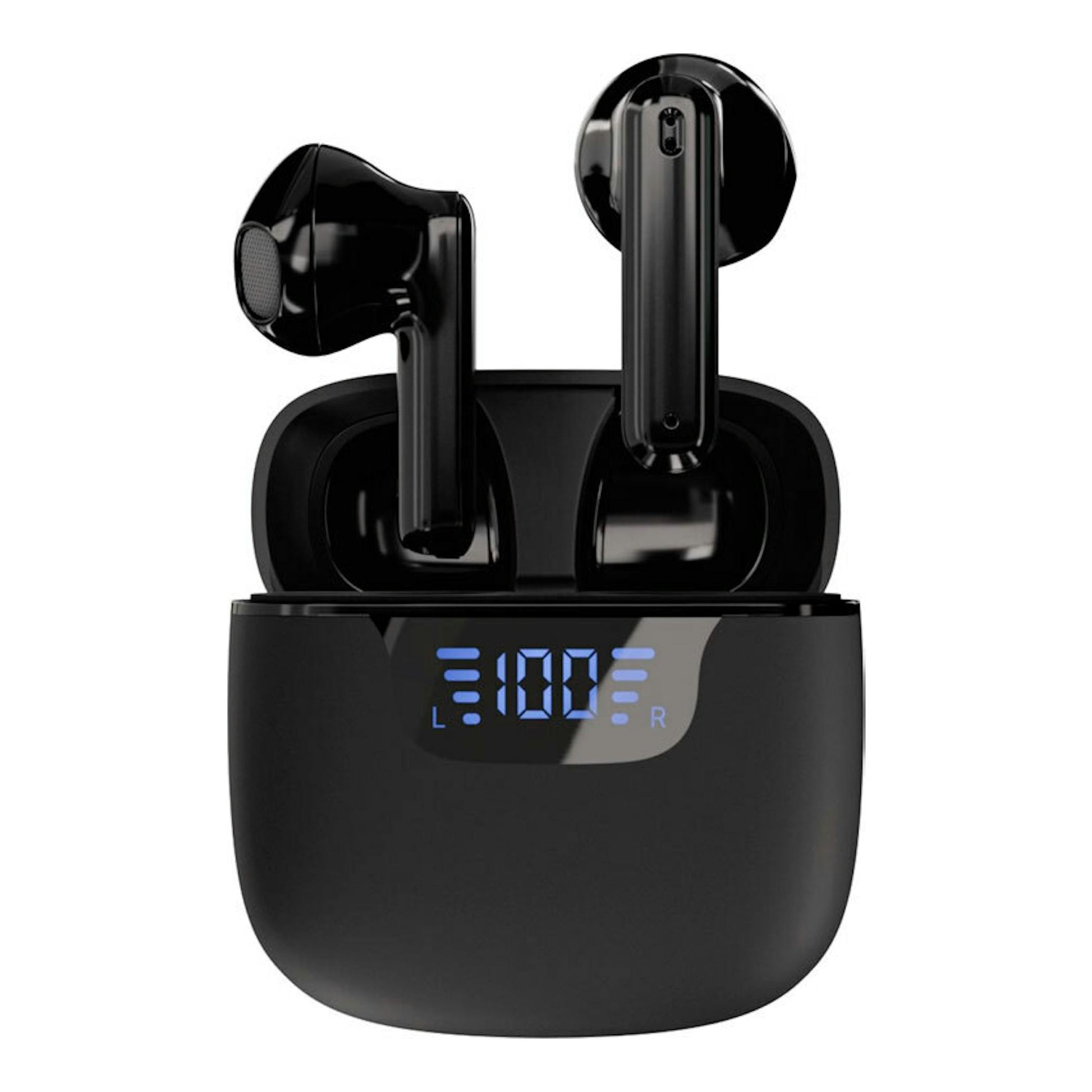 Auriculares Bluetooth negros en estuche de carga, vista frontal, con pantalla LED azul y dos auriculares visibles.