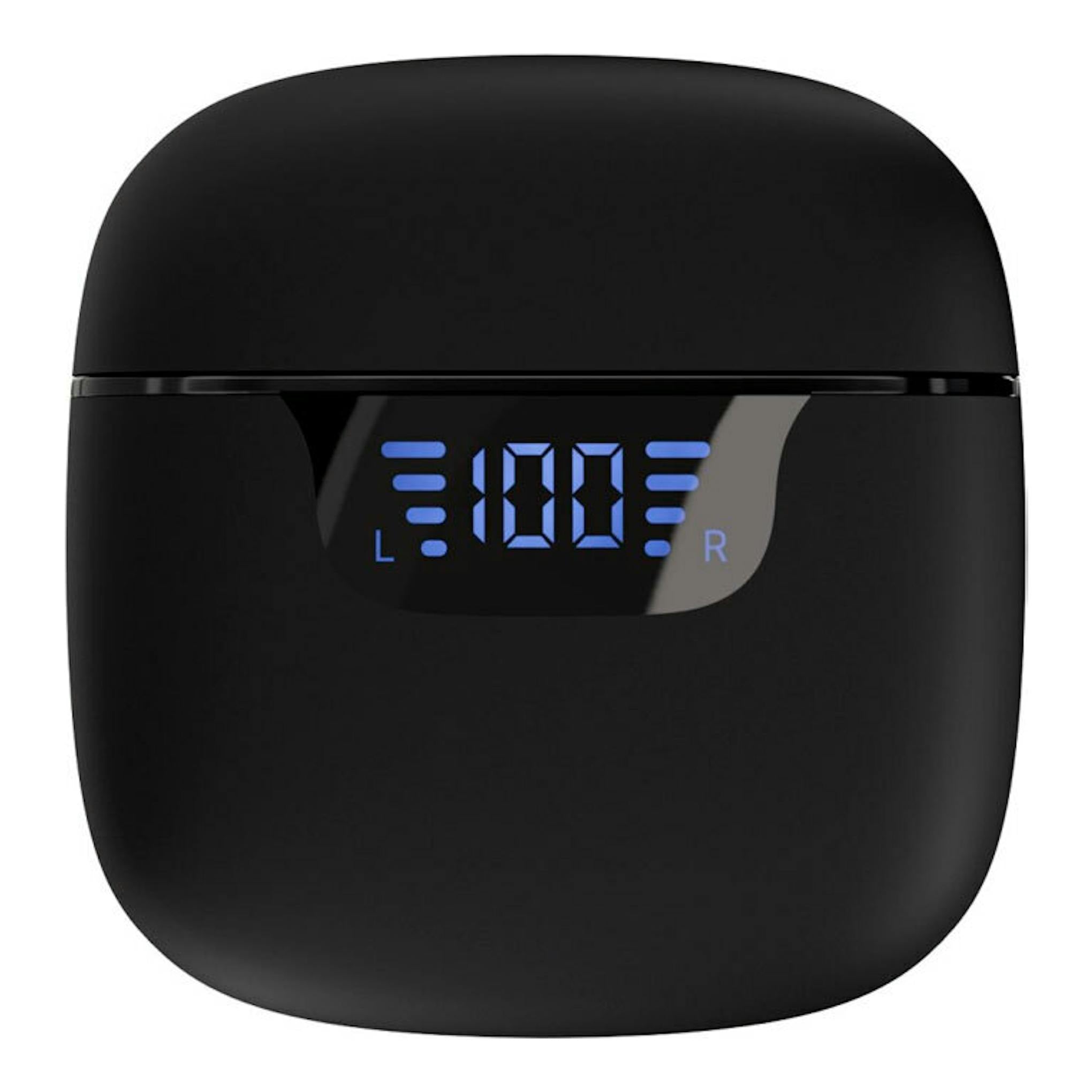 Auricular Bluetooth Display Union Pair B, estuche negro frontal con pantalla azul que muestra 100 y L/R.