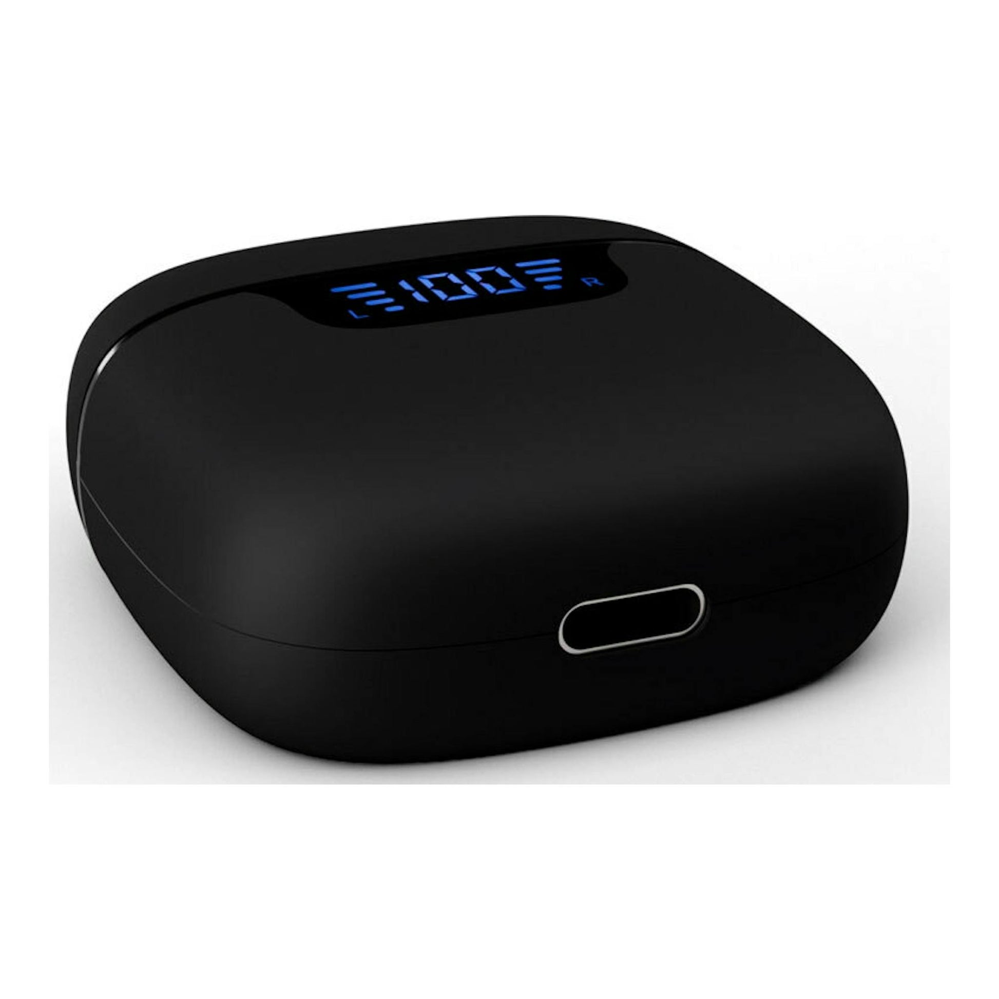 Estuche de auriculares Bluetooth negro, vista frontal inclinada, con pantalla LED azul.