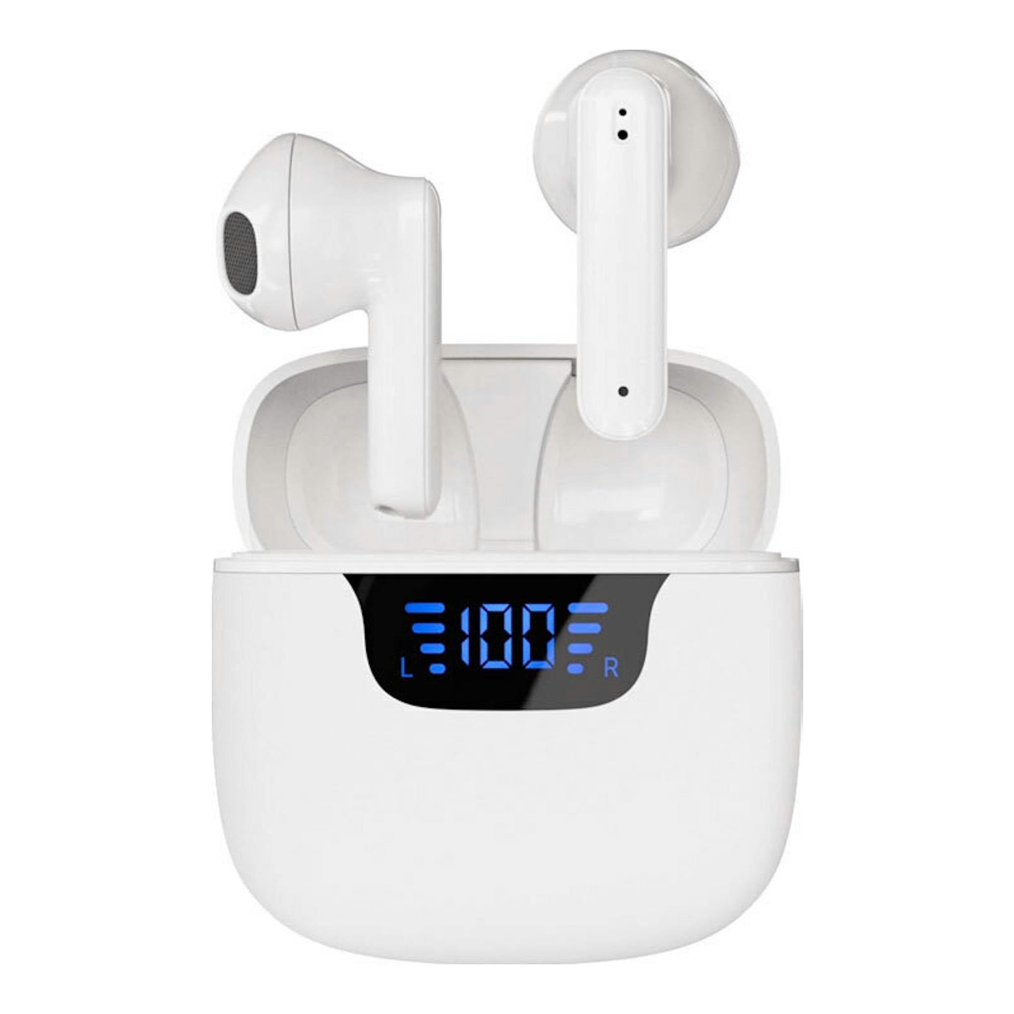 Auriculares Bluetooth Union Pair W blancos con estuche y pantalla LED frontal, vista frontal.