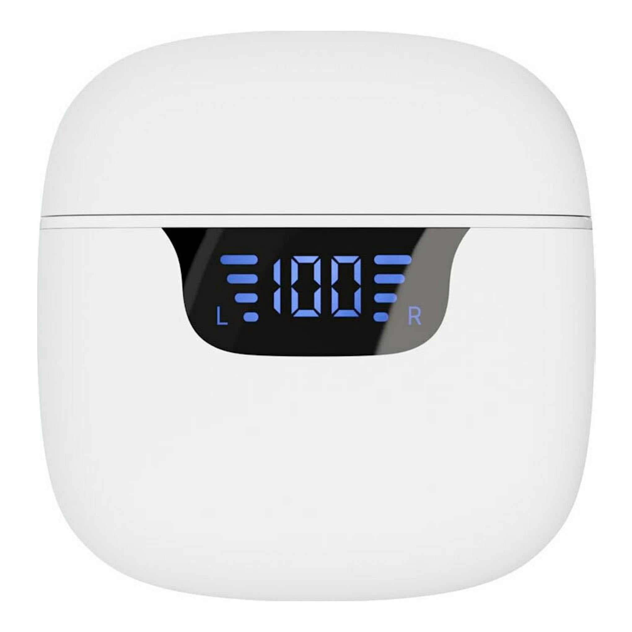 Estuche blanco de auriculares Bluetooth, vista frontal, con pantalla LED que muestra 100 y L/R.