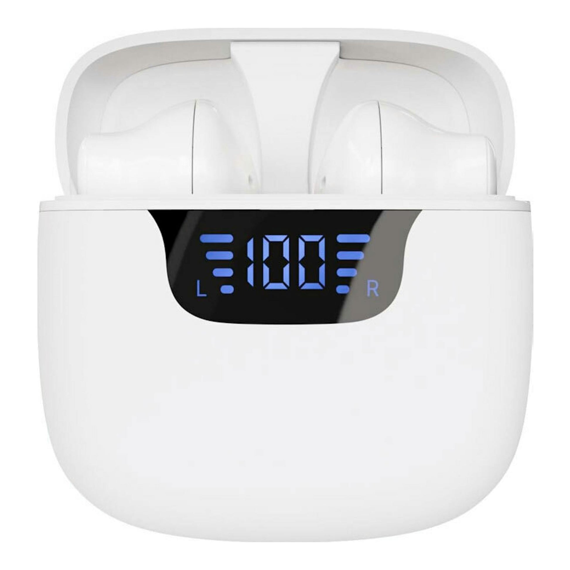 Estuche blanco de auriculares Bluetooth, vista frontal, con pantalla LED azul que marca 100 y dos auriculares.