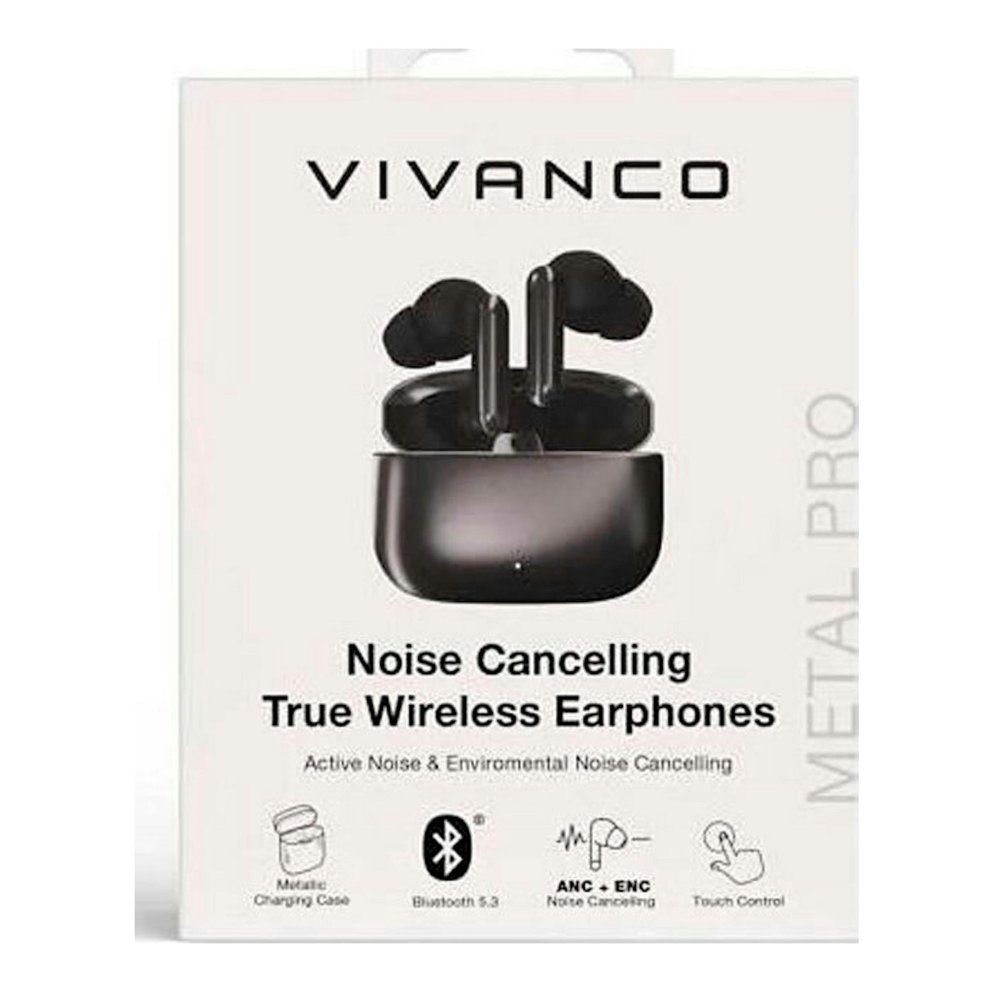 Caja frontal de auriculares inalámbricos Vivanco Metal Pro negros, con cancelación de ruido.