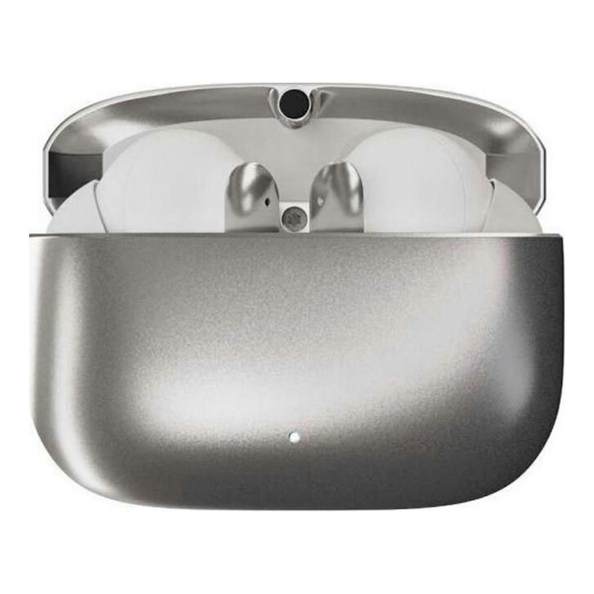 Auriculares Bluetooth Pair Pro SM en estuche metálico gris, vista frontal con tapa abierta.