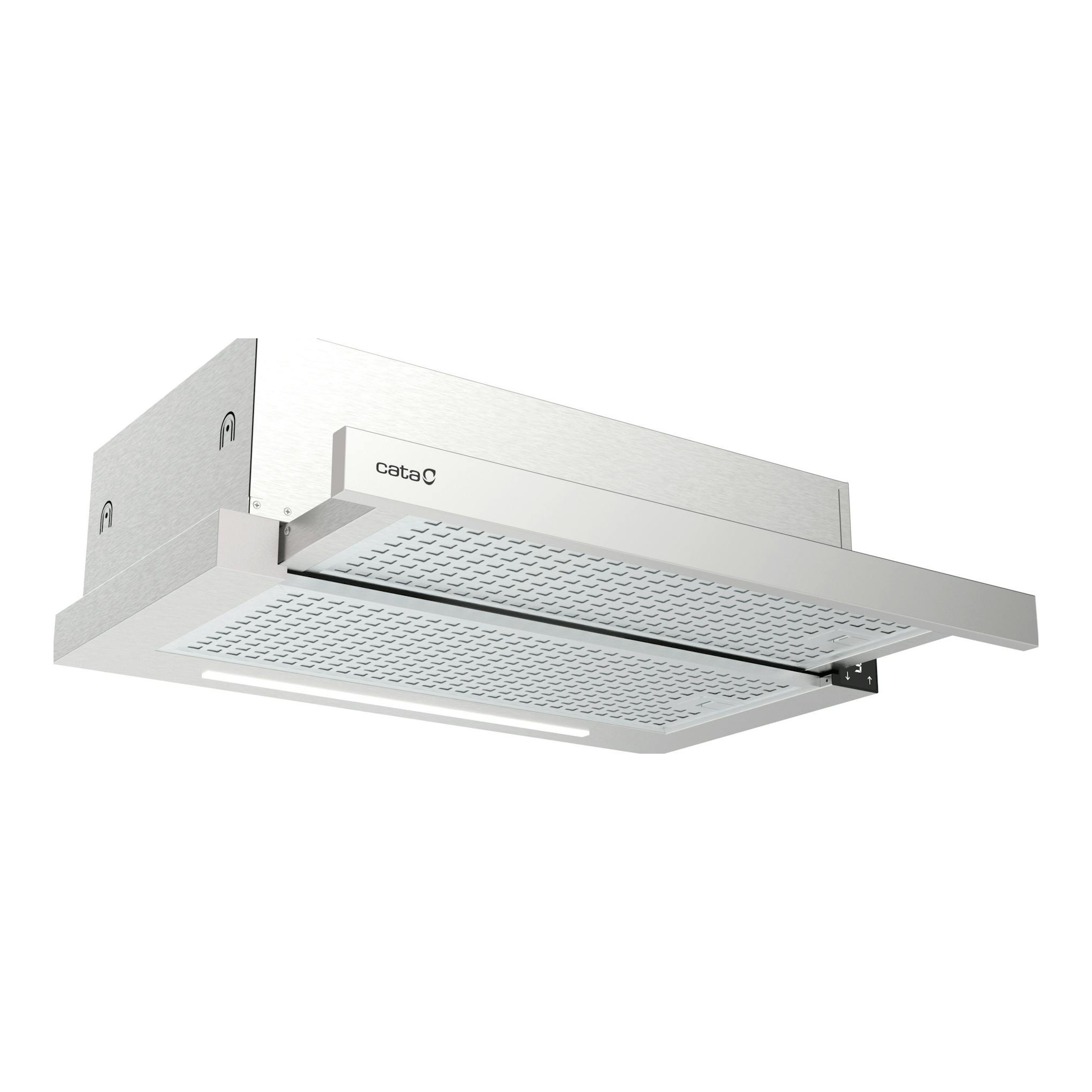 Campana telescópica Cata TFH 6430 X/B de inox, vista inferior y frontal, con panel extraíble y LED.
