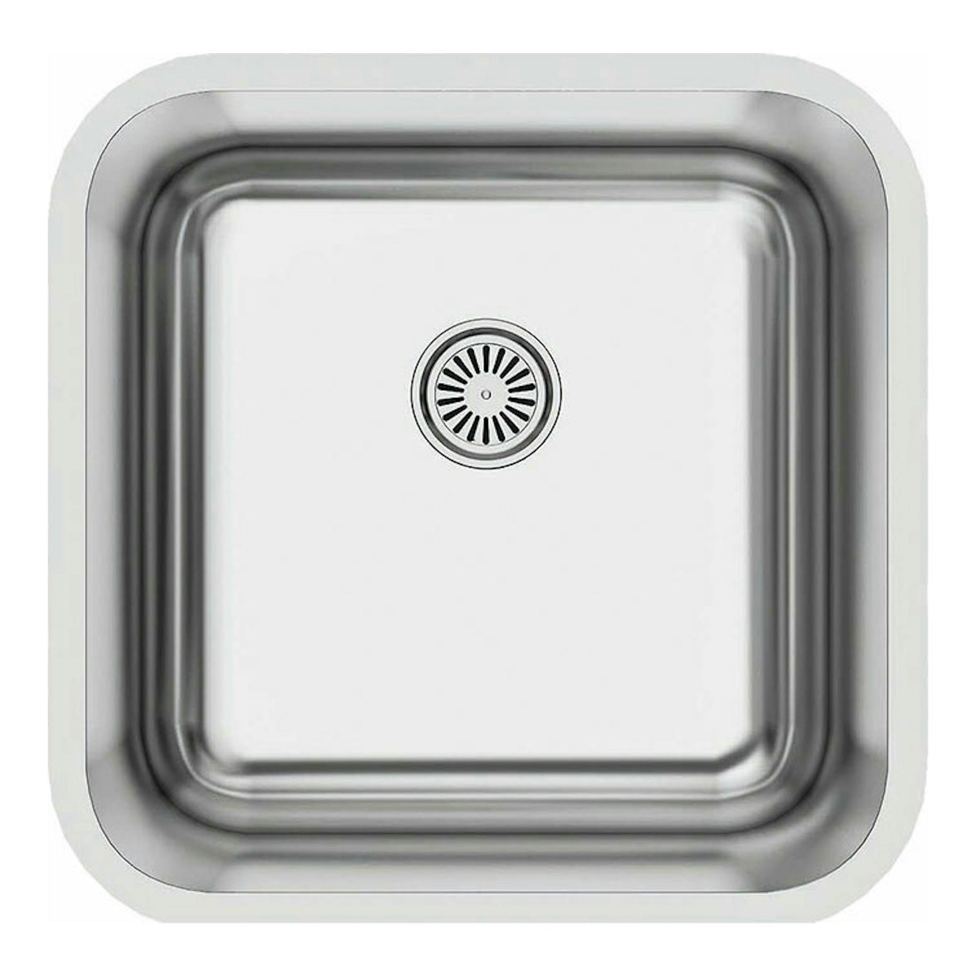 Fregadero Cata CBP4040/B inox, vista cenital, cubeta cuadrada de acero inoxidable con desagüe central.