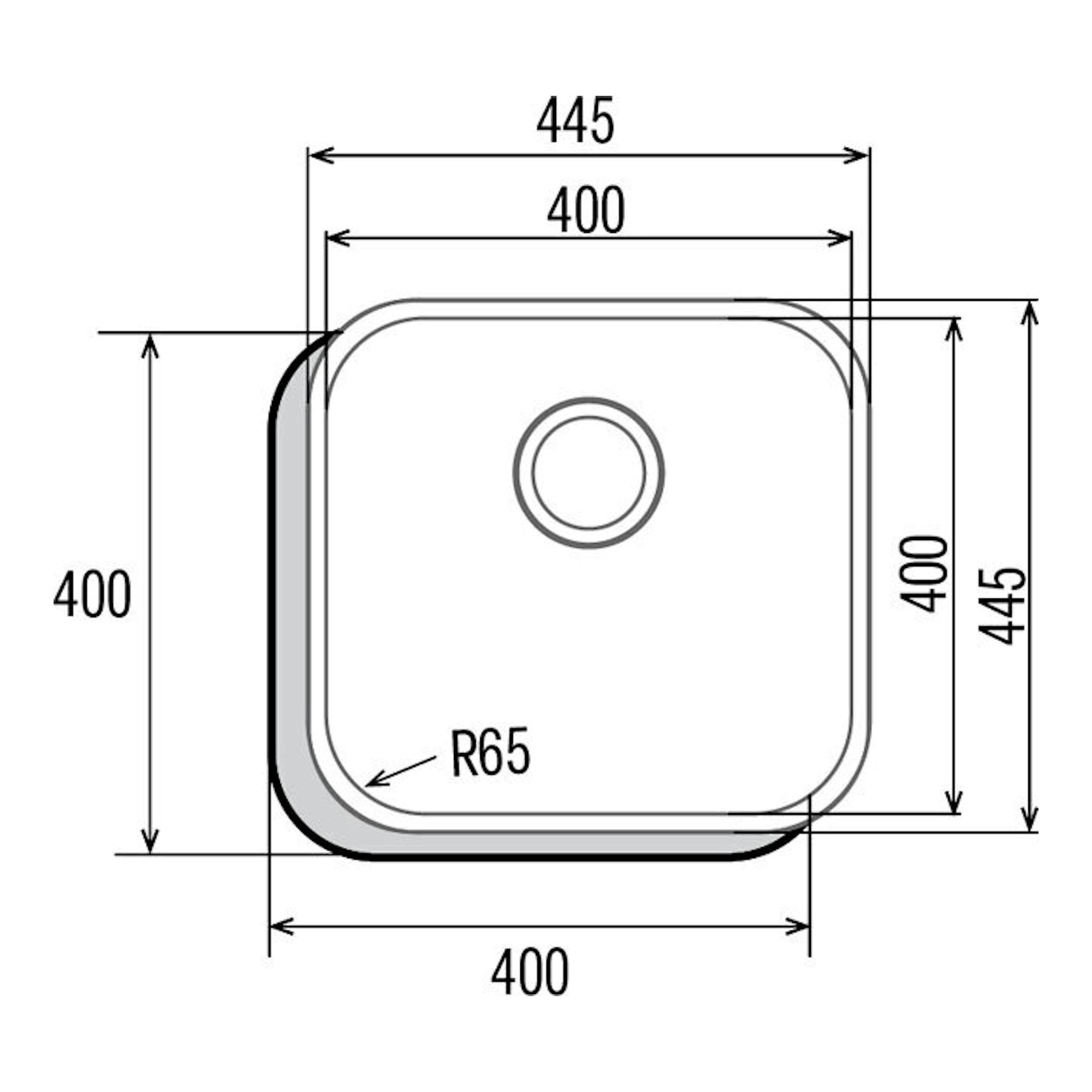 Plano técnico en vista superior del fregadero Cata CBP4040/B inox, cuadrado, 400x400 mm, con radio R65.