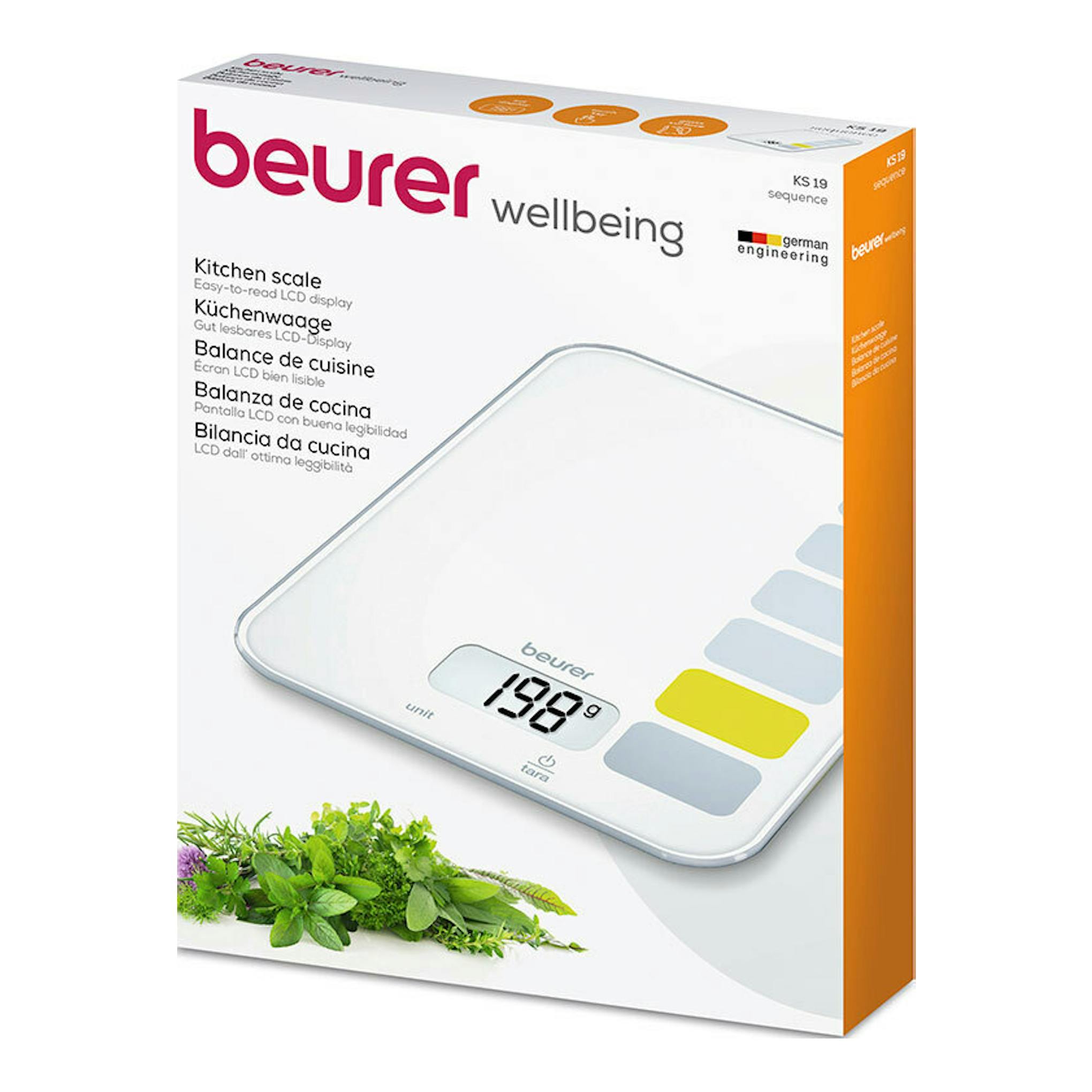 Caja frontal de la balanza de cocina Beurer KS 19 Sequence, blanca y naranja, con imagen de la báscula.