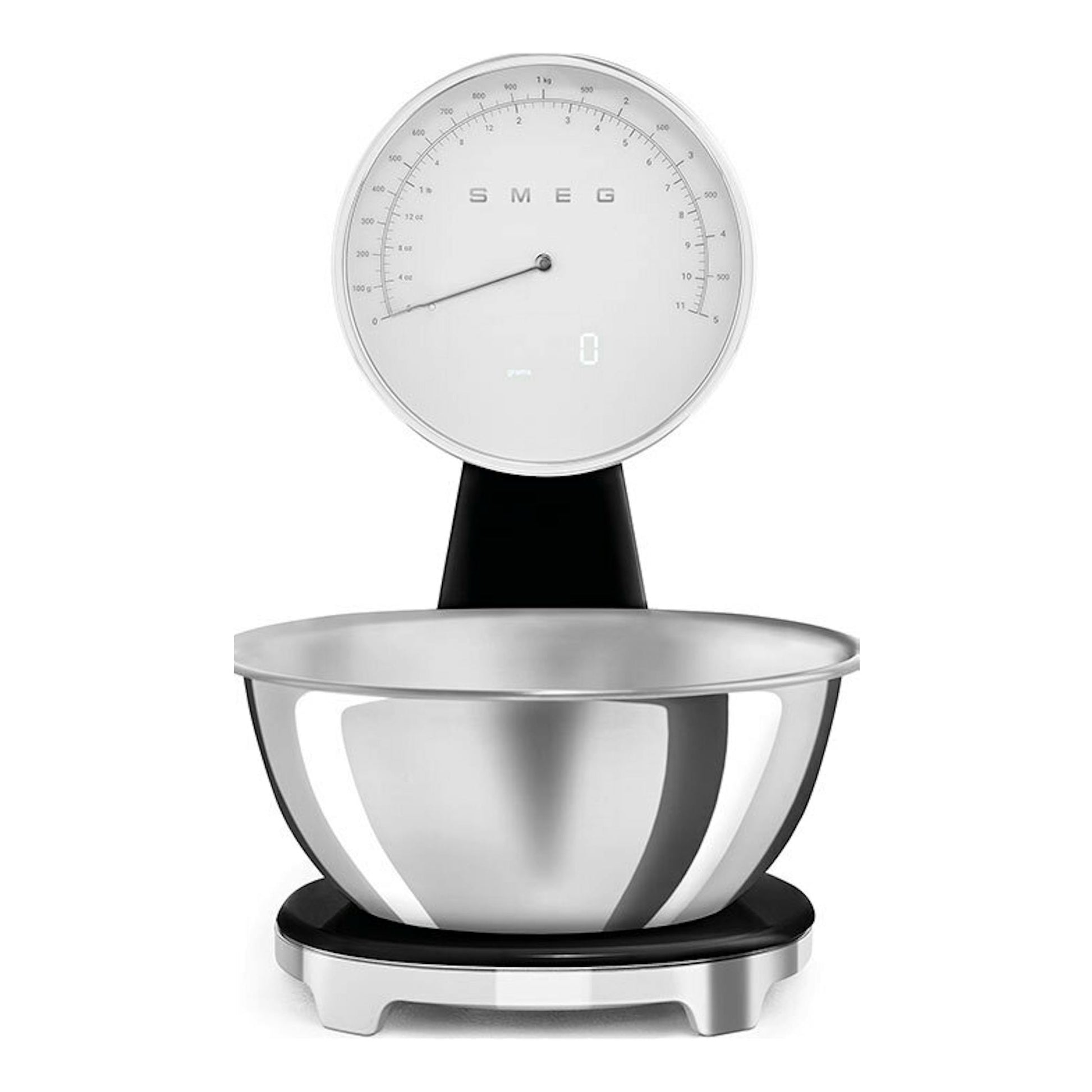 Balanza de cocina Smeg KSF01BLWW negra, vista frontal, con cuenco metálico y esfera circular.