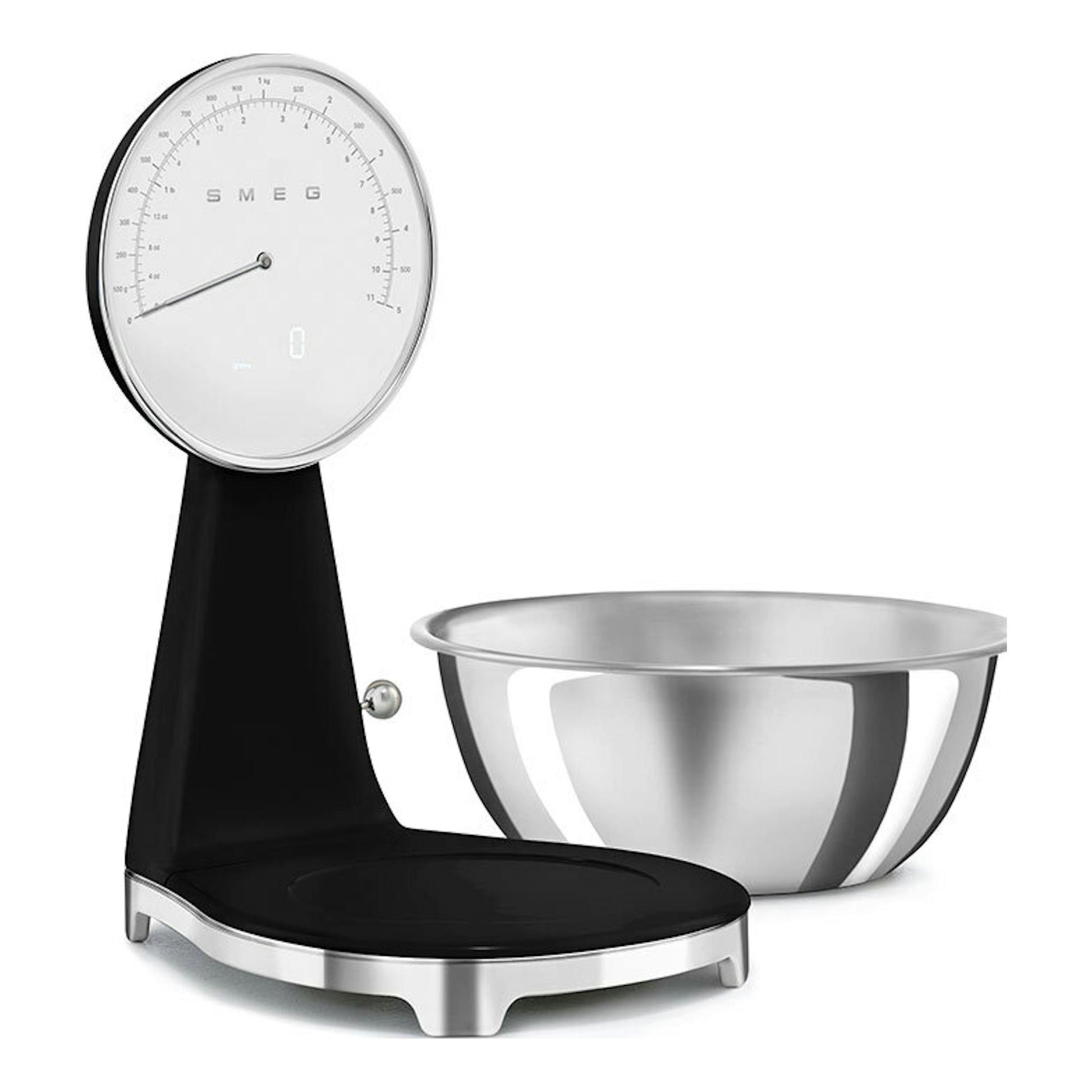 Balanza de cocina Smeg KSF01BLWW negra con cuenco metálico, vista frontal.