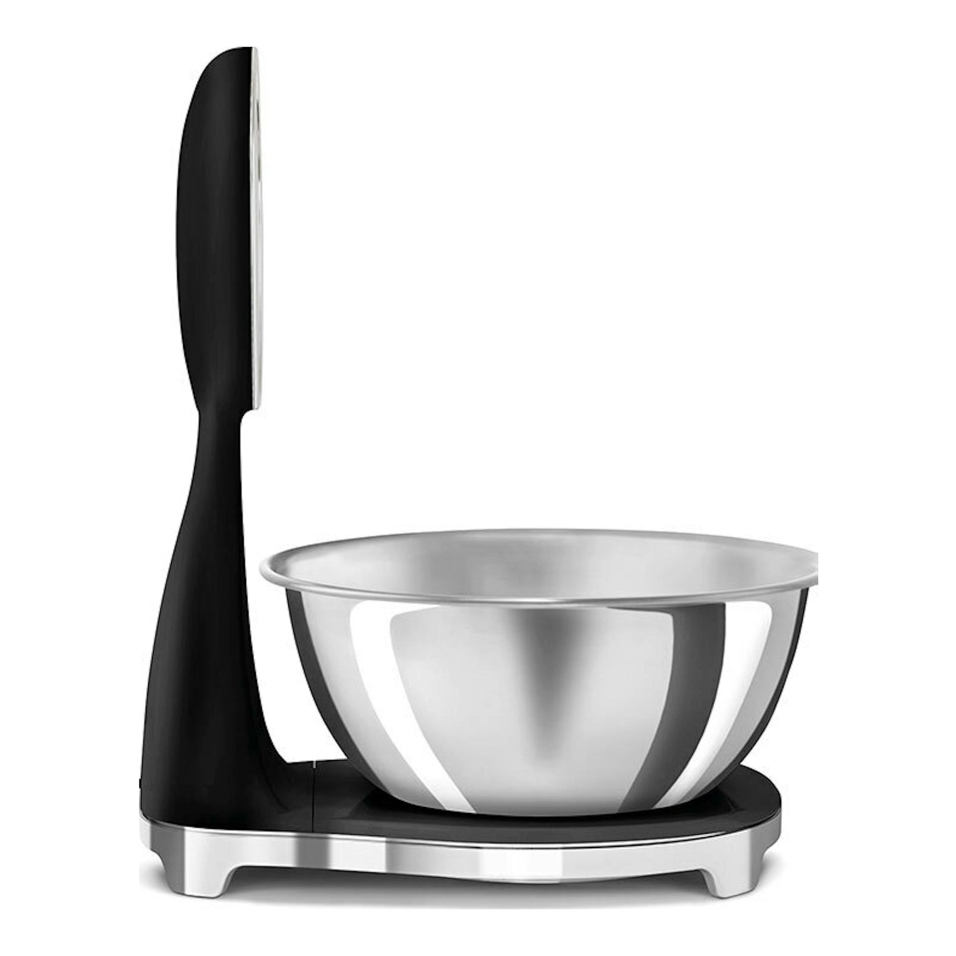 Balanza de cocina Smeg KSF01BLWW negra con bol de acero inoxidable, vista lateral.