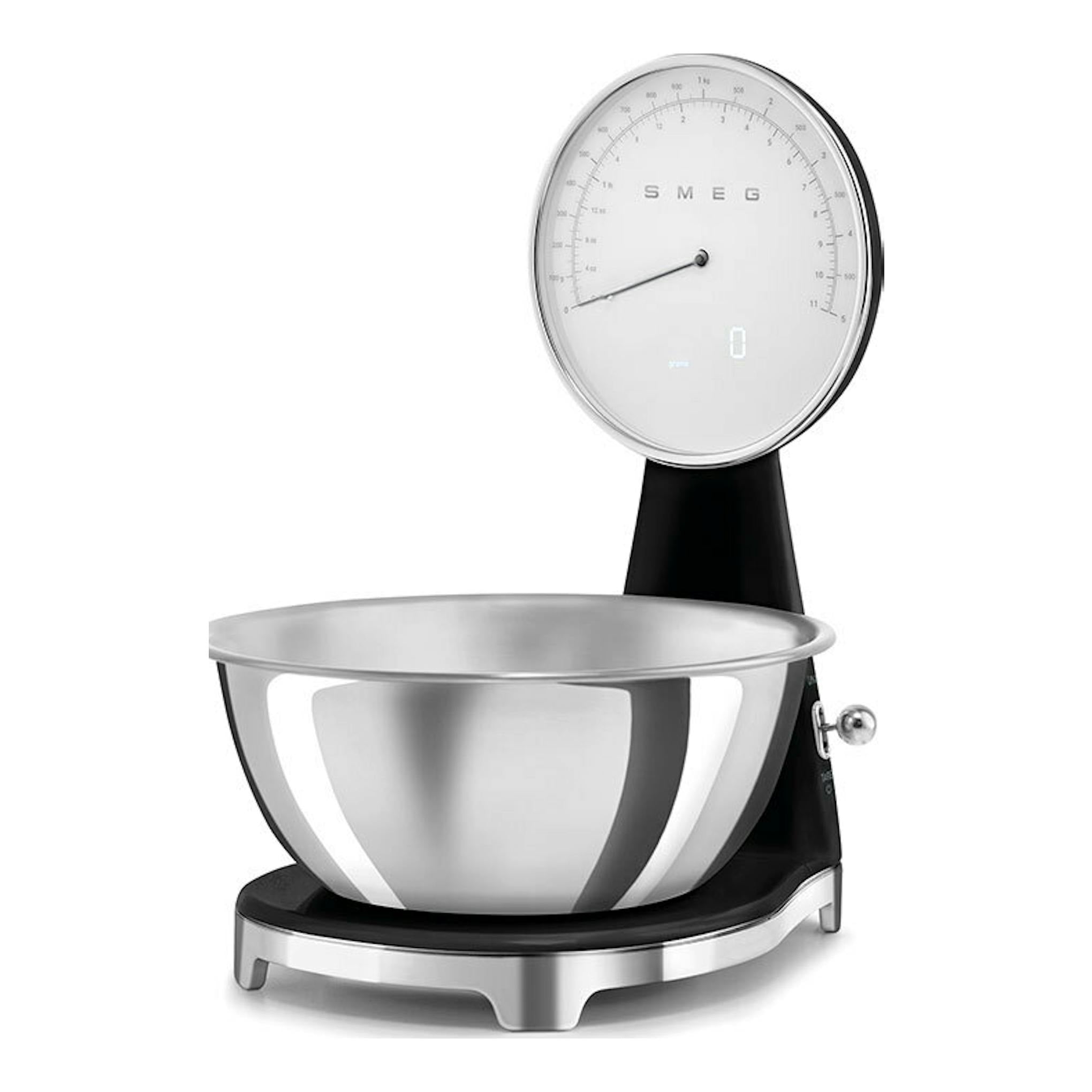 Balanza de cocina Smeg KSF01BLWW negra y acero inoxidable, vista frontal con bol metálico.