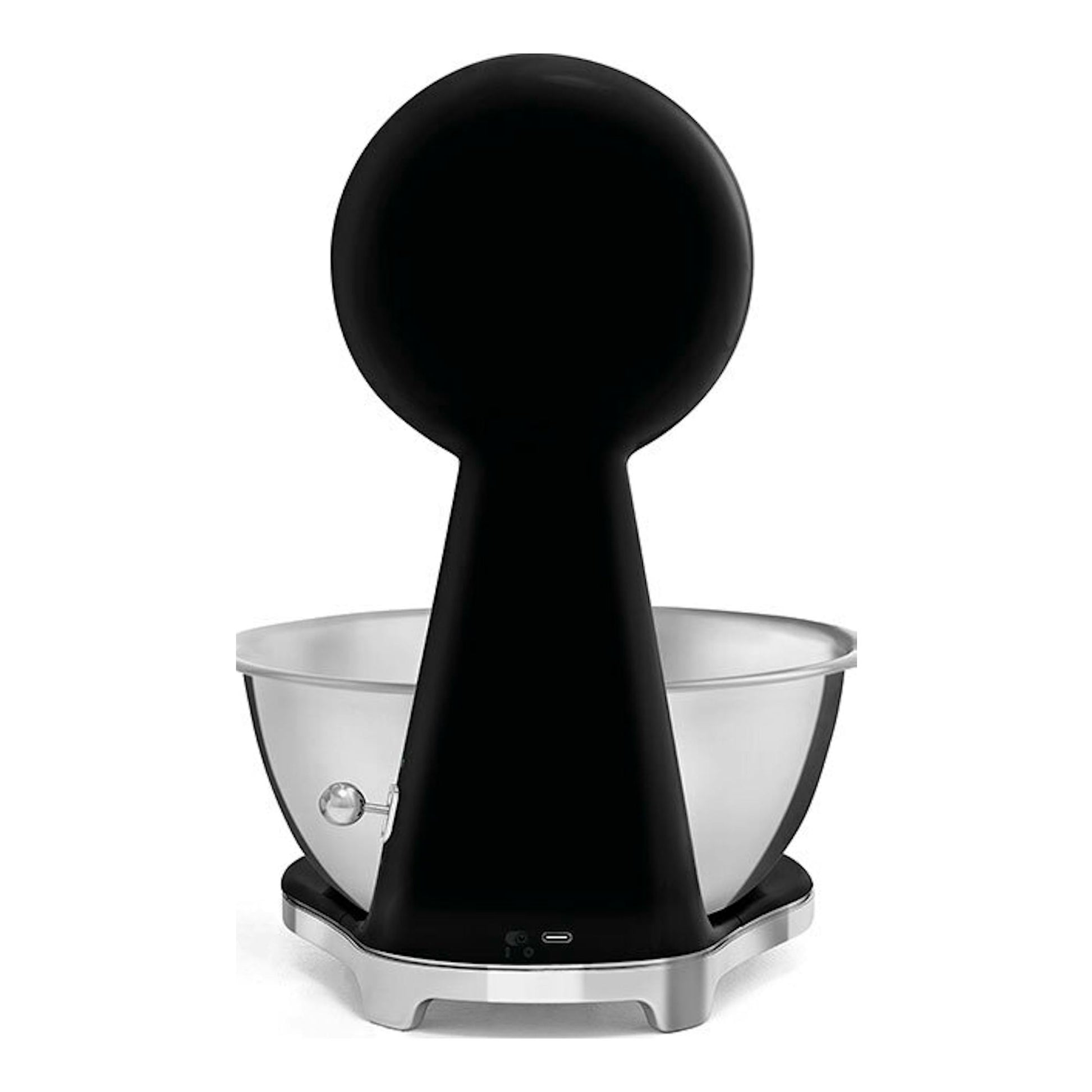 Balanza de cocina Smeg KSF01BLWW negra, vista frontal, con bol metálico y base plateada sobre fondo blanco.