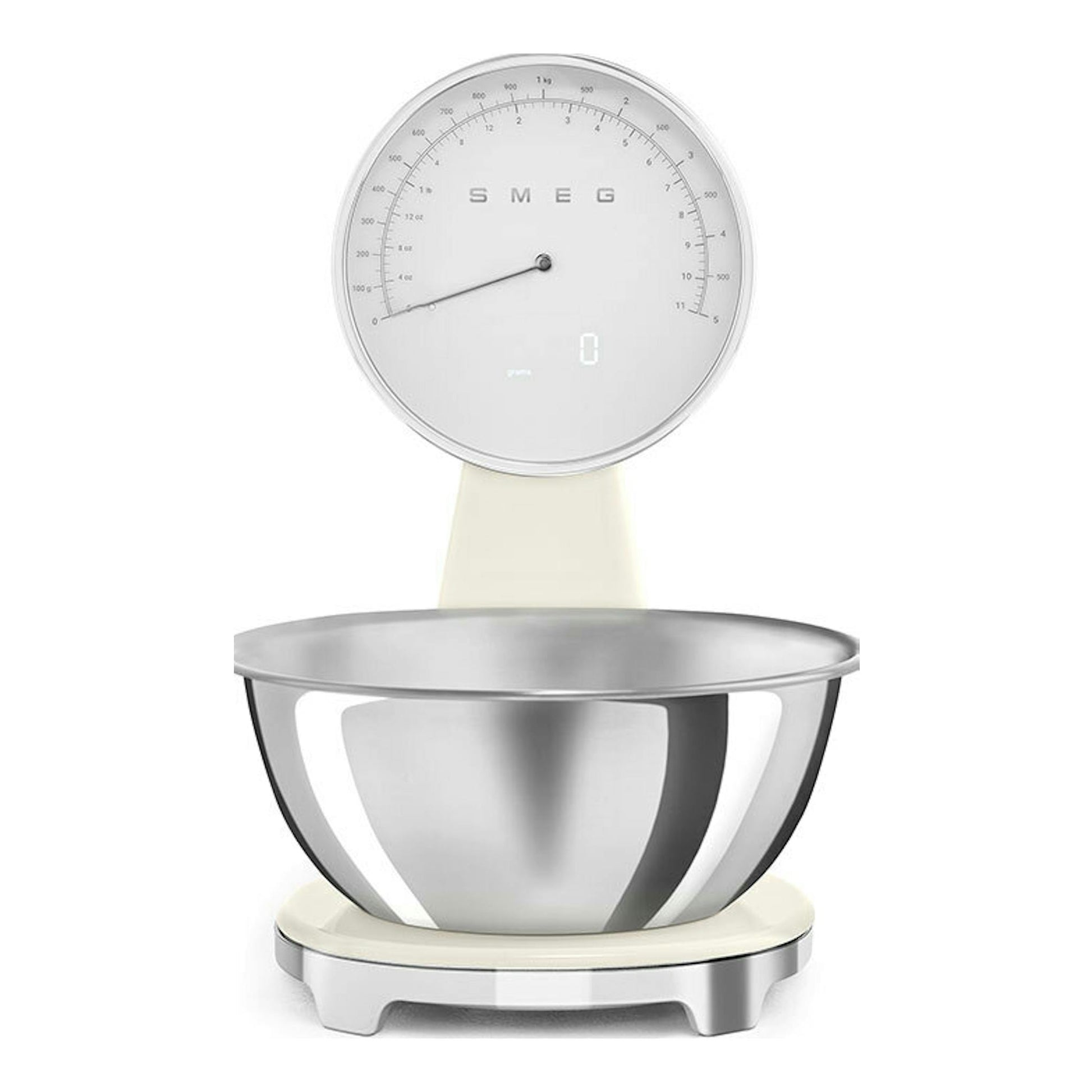 Balanza de cocina Smeg KSF01CRWW color crema, vista frontal, con bol de acero inoxidable.