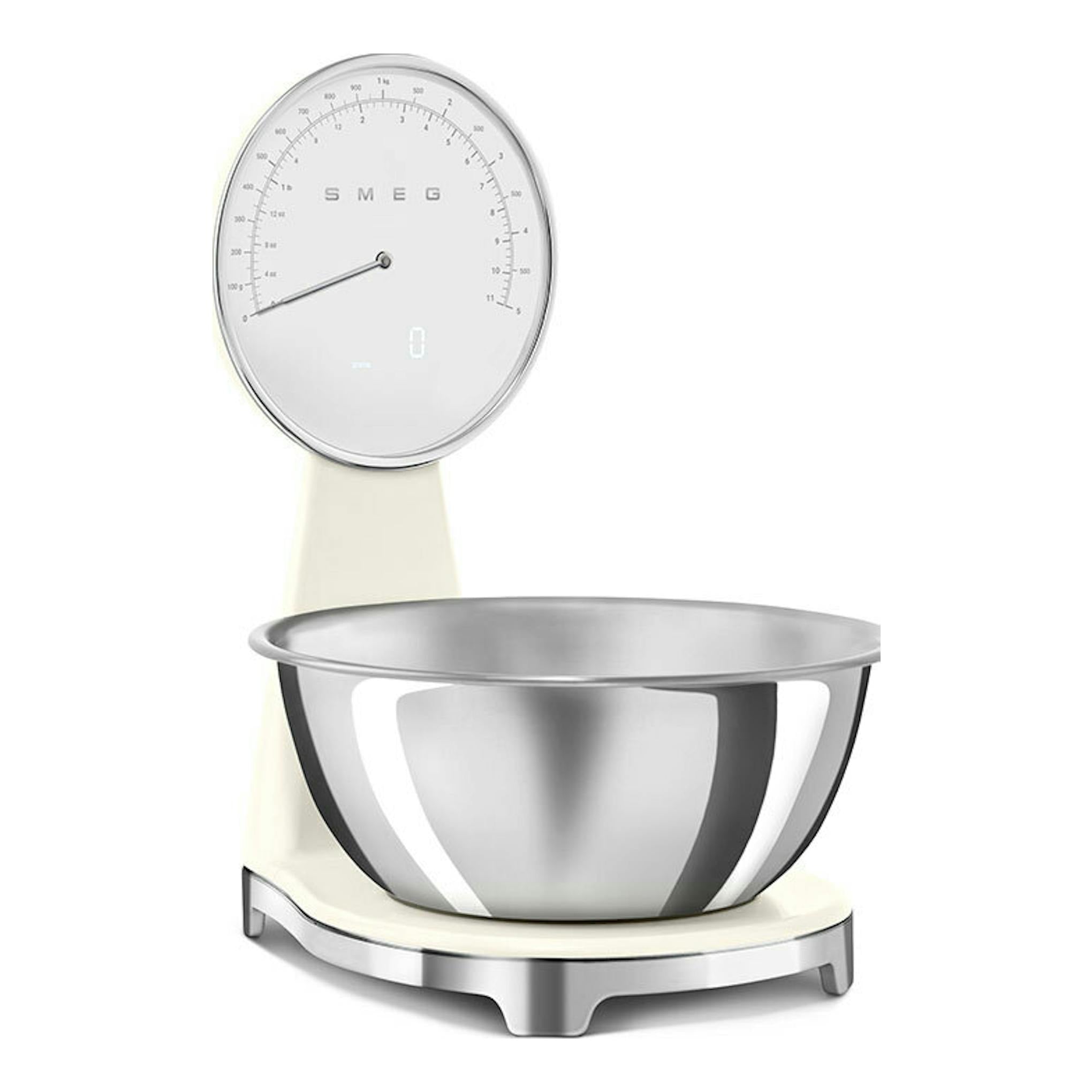 Balanza de cocina Smeg KSF01CRWW crema, vista frontal, con cuenco metálico y esfera analógica.