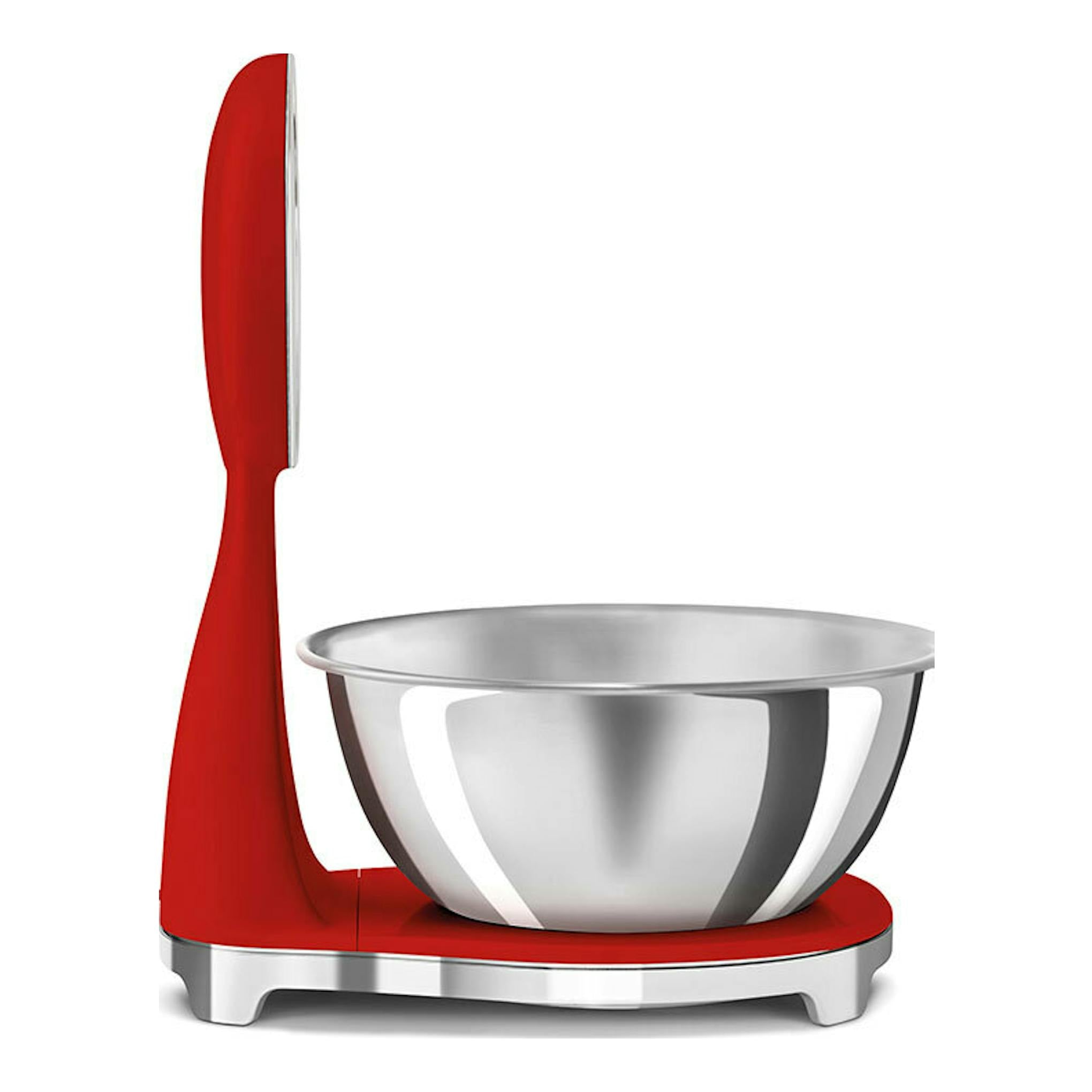 Balanza de cocina Smeg KSF01RDWW roja, vista lateral, con bol metálico plateado.