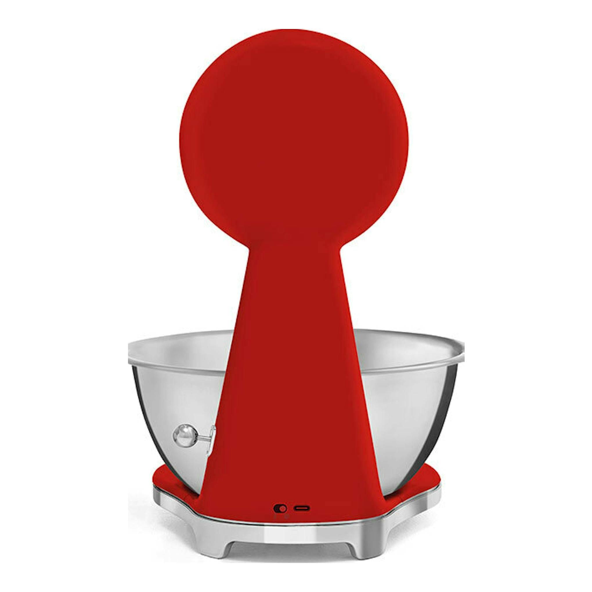 Balanza de cocina Smeg KSF01RDWW roja, vista frontal, con base cromada y cuenco metálico.