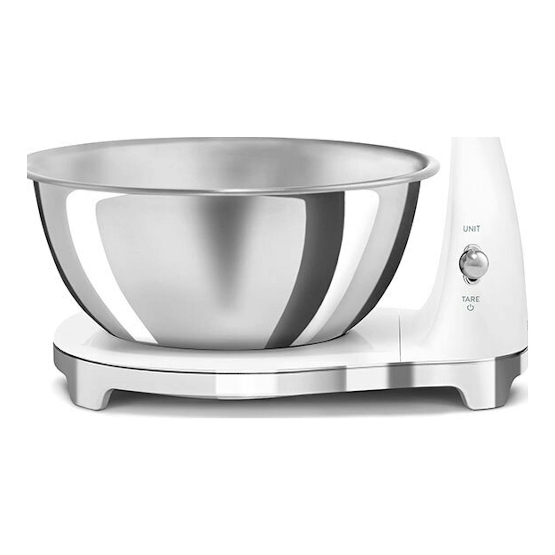 Balanza de cocina Smeg KSF01WHWW blanca, vista lateral, con bol metálico sobre base blanca.