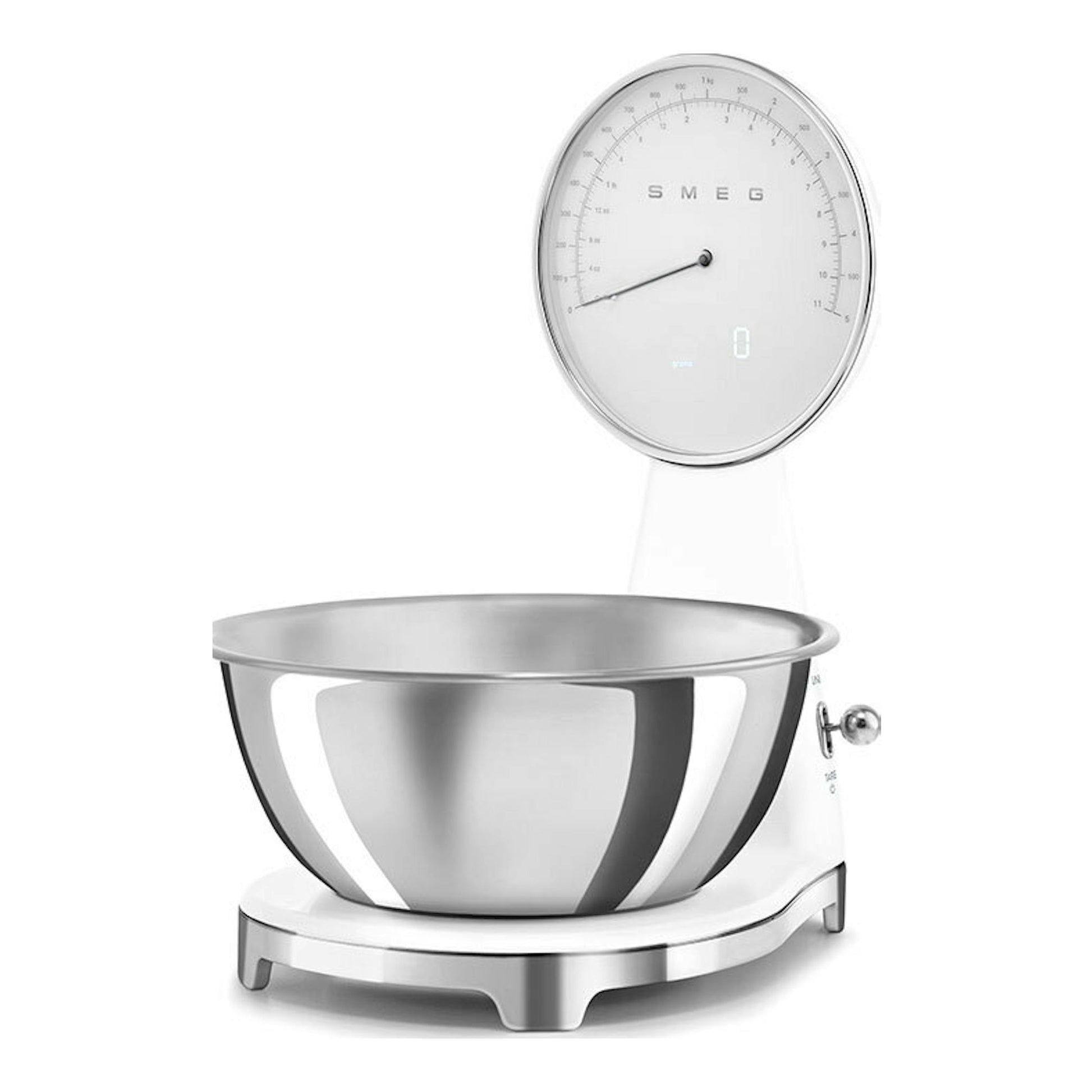 Balanza de cocina Smeg KSF01WHWW blanca, vista frontal, con cuenco de acero inoxidable y esfera circular.