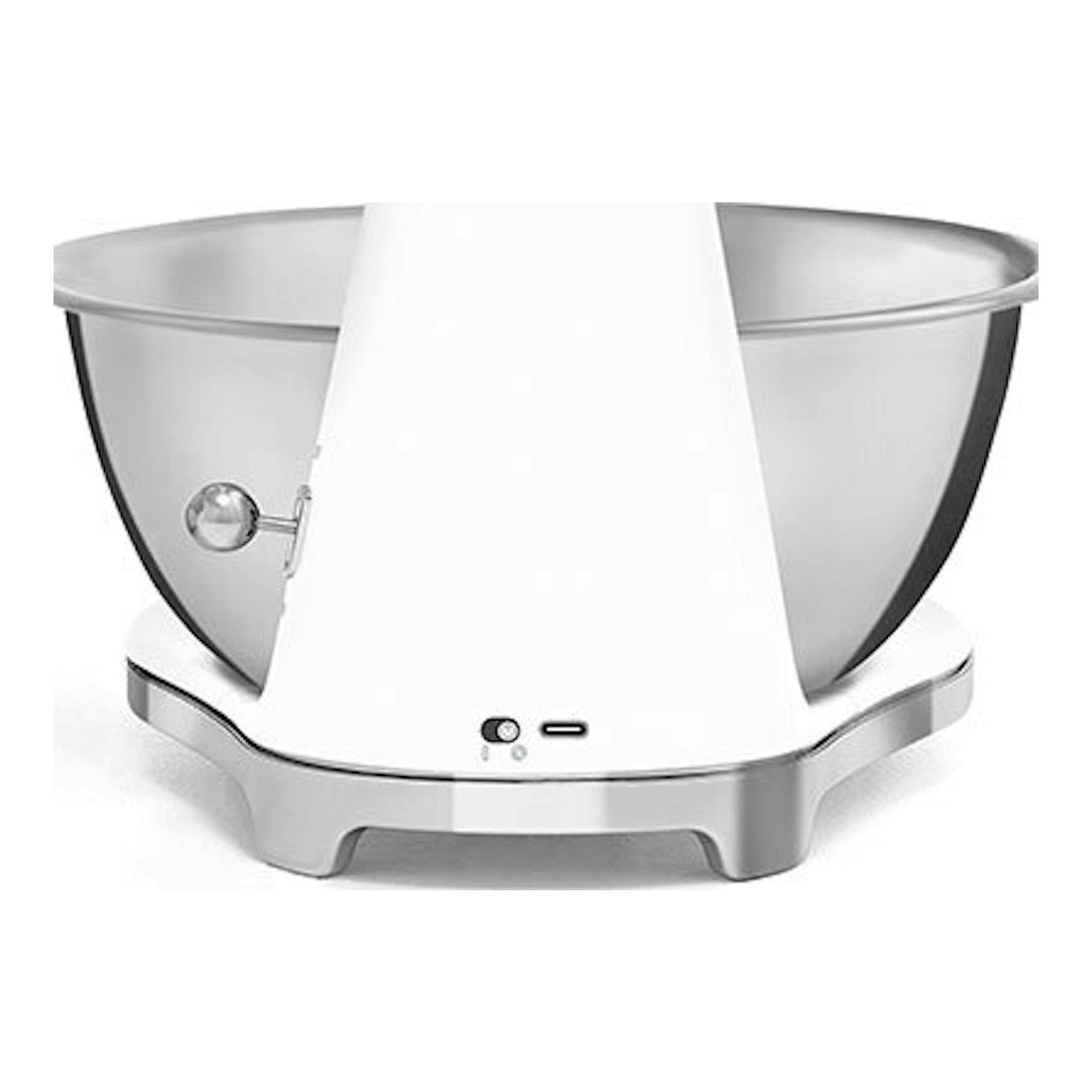 Balanza de cocina Smeg KSF01WHWW blanca, vista frontal, con bol metálico y base cromada.