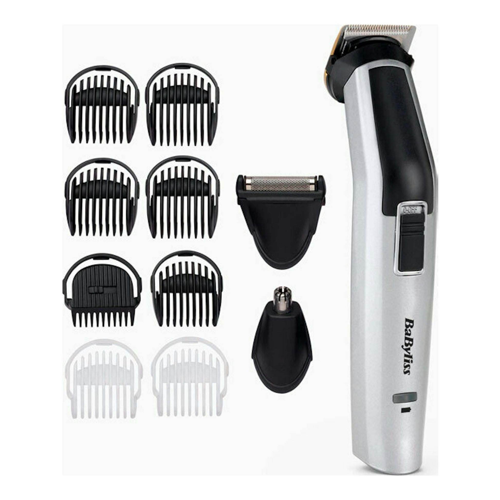Barbero Babyliss MT725E plateado y negro con varios peines guía y accesorios, vista frontal.