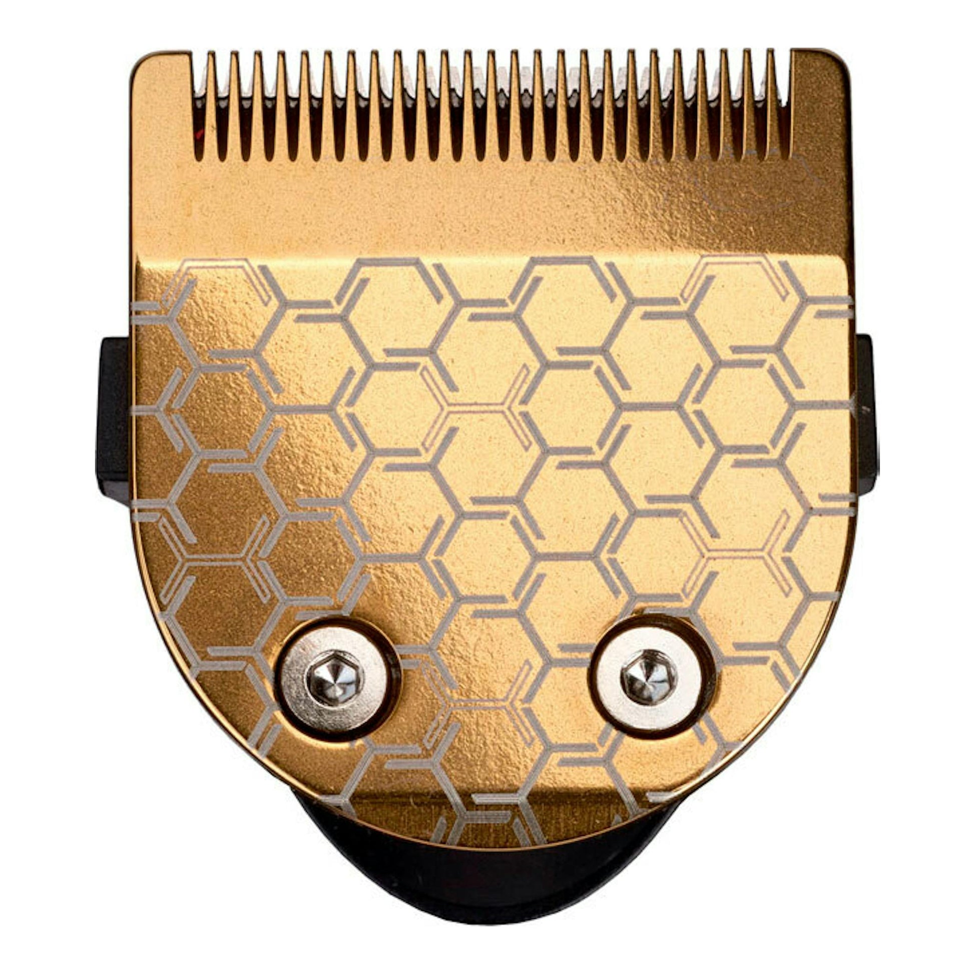 Babyliss MT725E, cabezal de cortapelos dorado con patrón hexagonal, vista frontal.