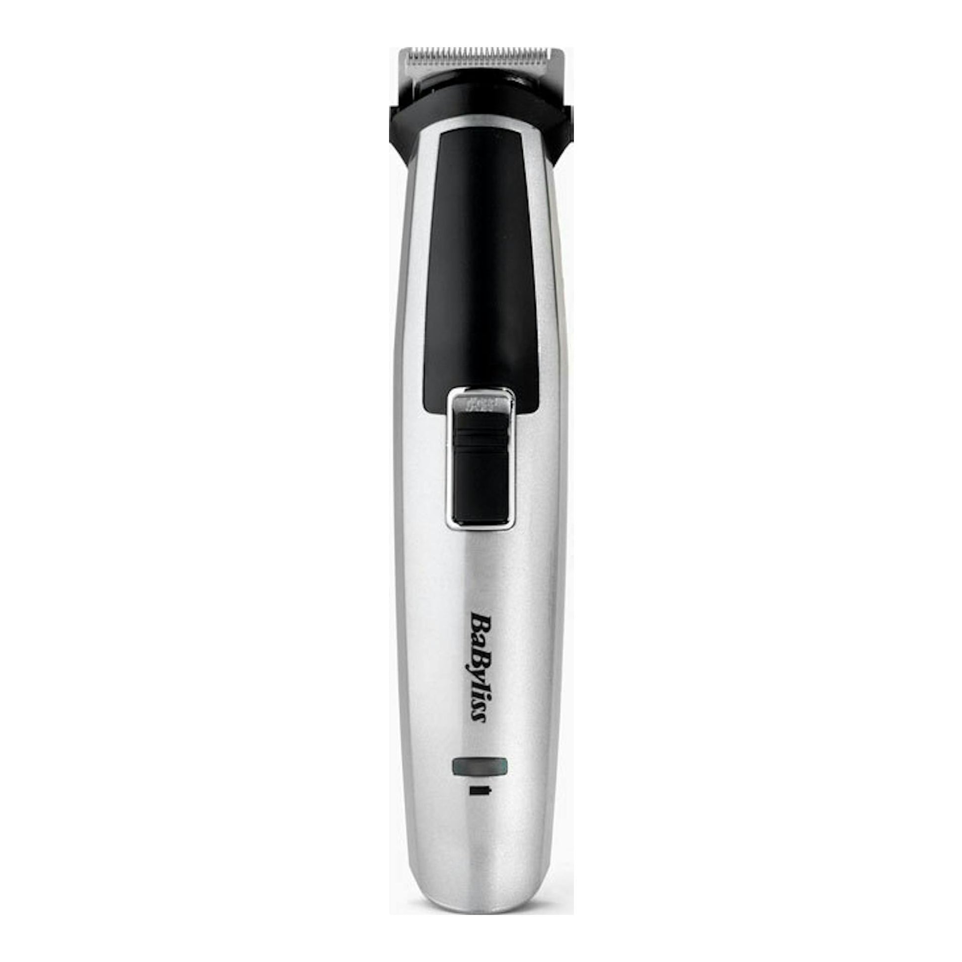 Cortapelos Babyliss MT725E plateado y negro, vista frontal sobre fondo blanco.