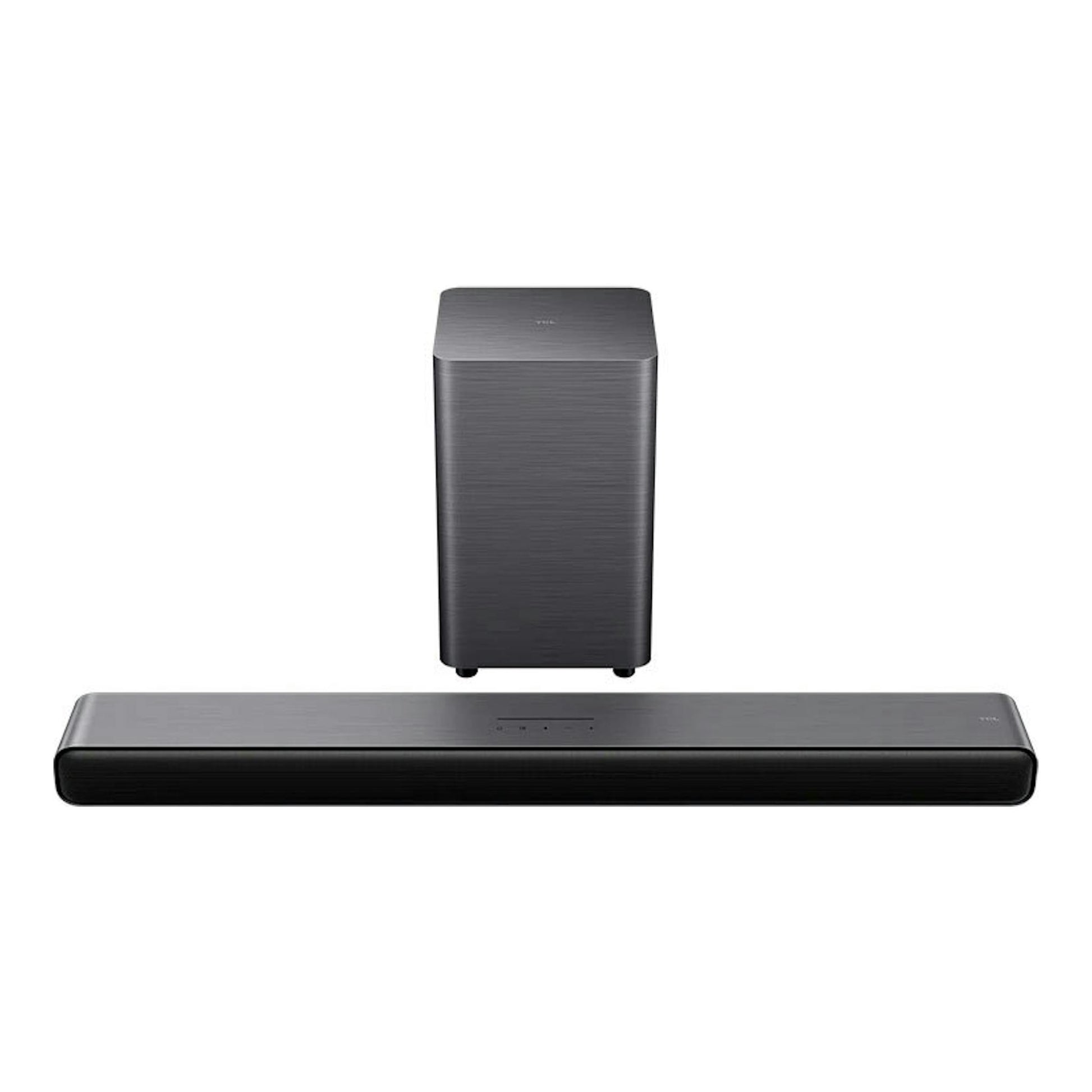 Barra de sonido TCL S55HE con subwoofer, vista frontal, color gris oscuro sobre fondo blanco.