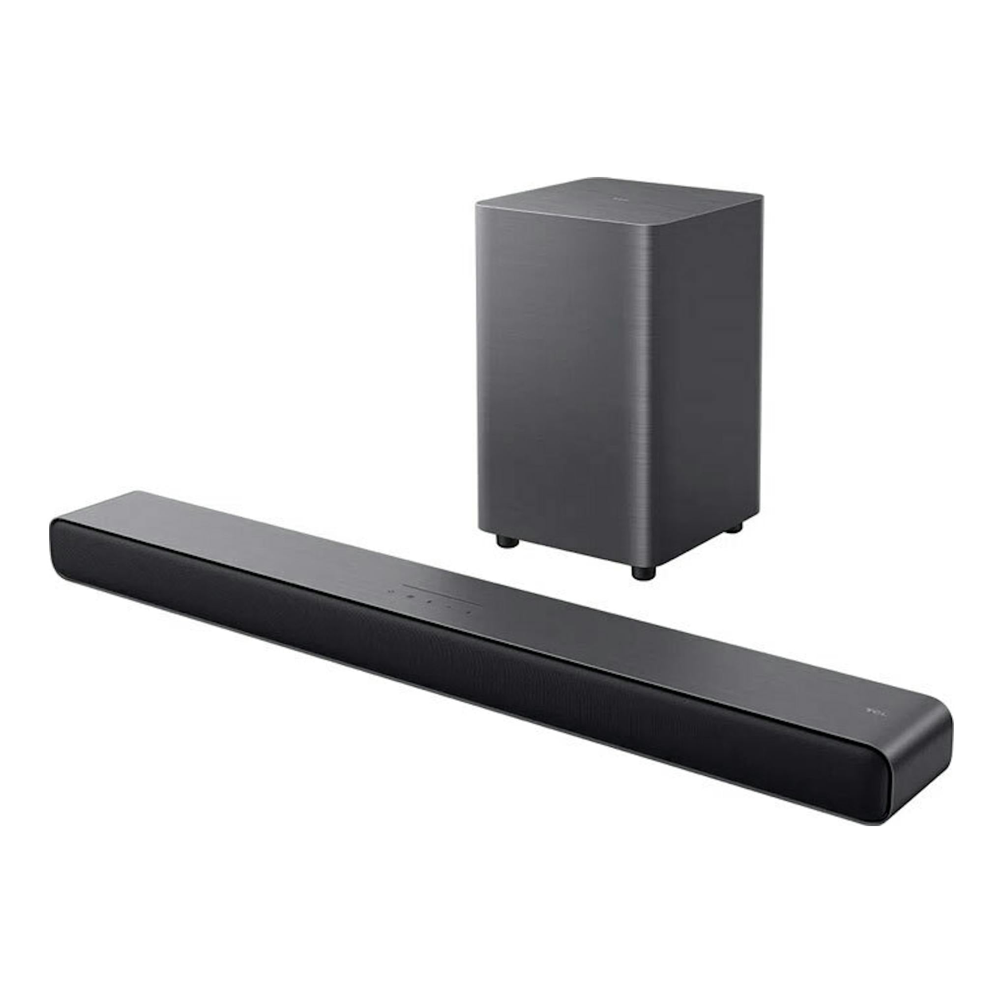 Barra de sonido TCL S55HE negra con subwoofer, vista en ángulo sobre fondo blanco.