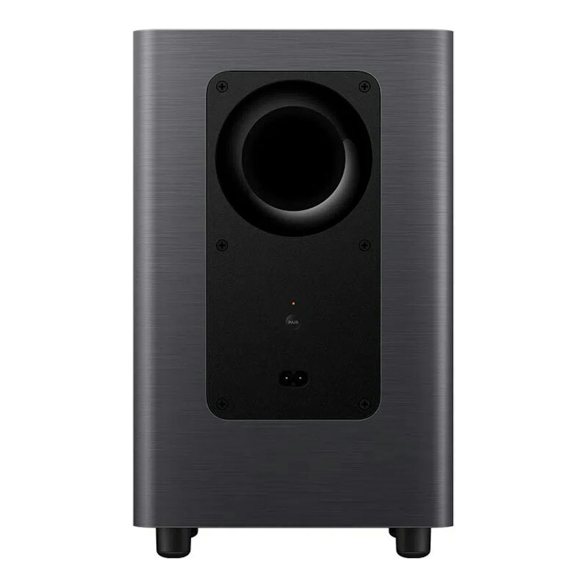TCL S55HE, vista trasera de un subwoofer negro/gris oscuro con puerto circular y patas.