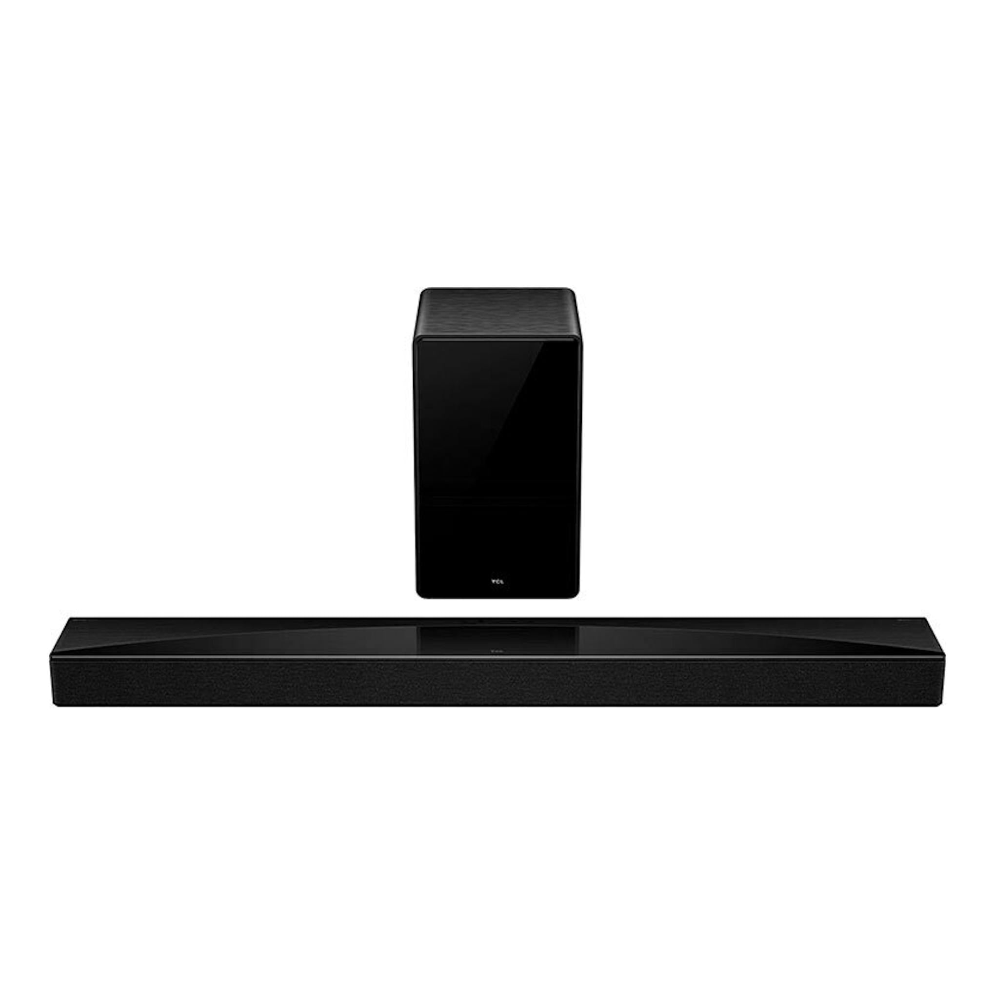 Barra de sonido TCL S75HE negra con subwoofer inalámbrico, vista frontal sobre fondo blanco.