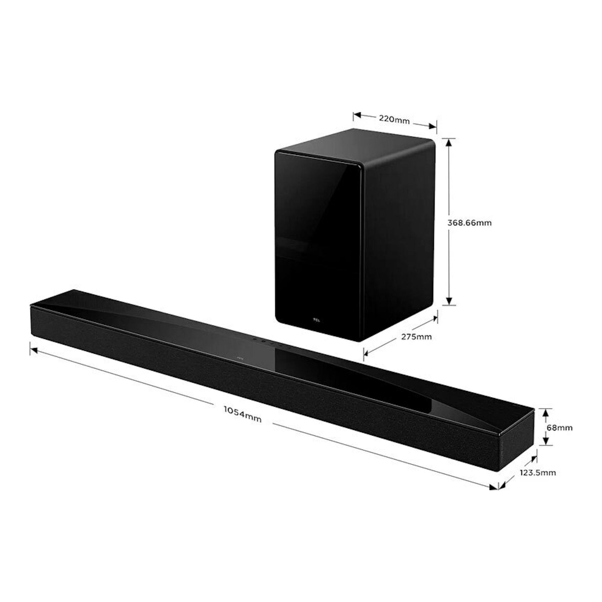 Barra de sonido TCL S75HE negra con subwoofer, vista en ángulo y medidas indicadas.