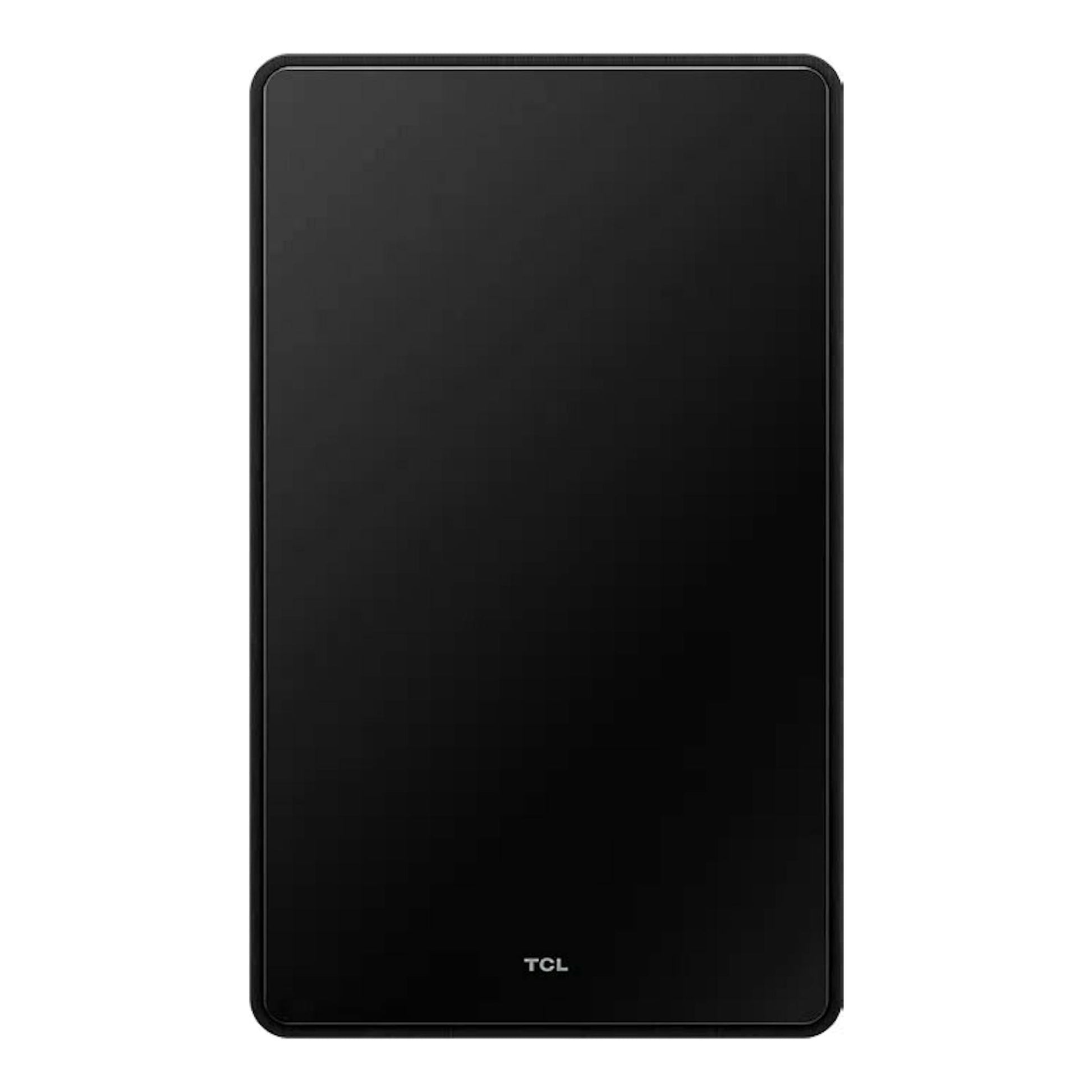 TCL S75HE, altavoz negro rectangular con esquinas redondeadas, vista frontal.