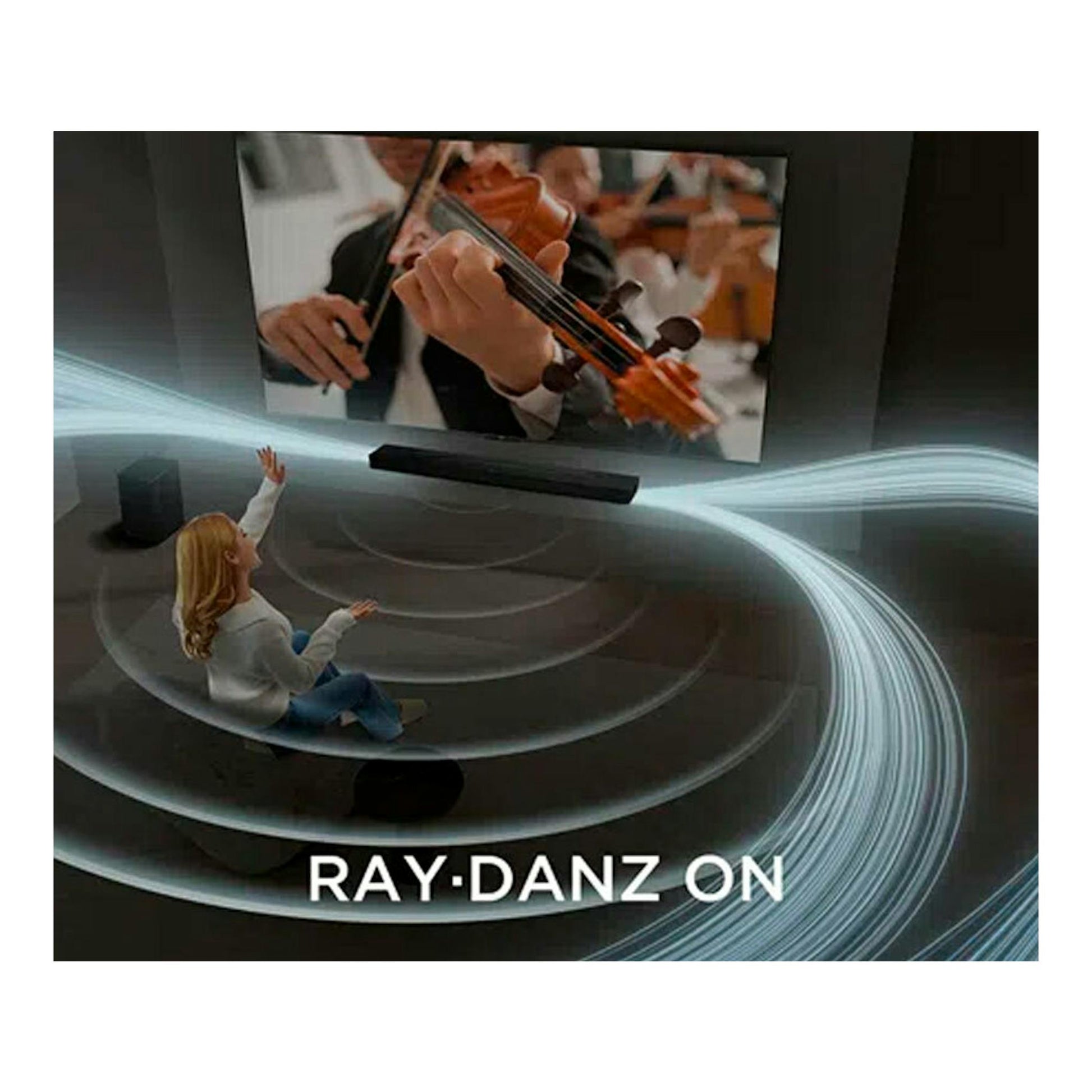 Ilustración de barra de sonido TCL S75HE negra bajo un televisor, con ondas sonoras y texto “RAY-DANZ ON”.