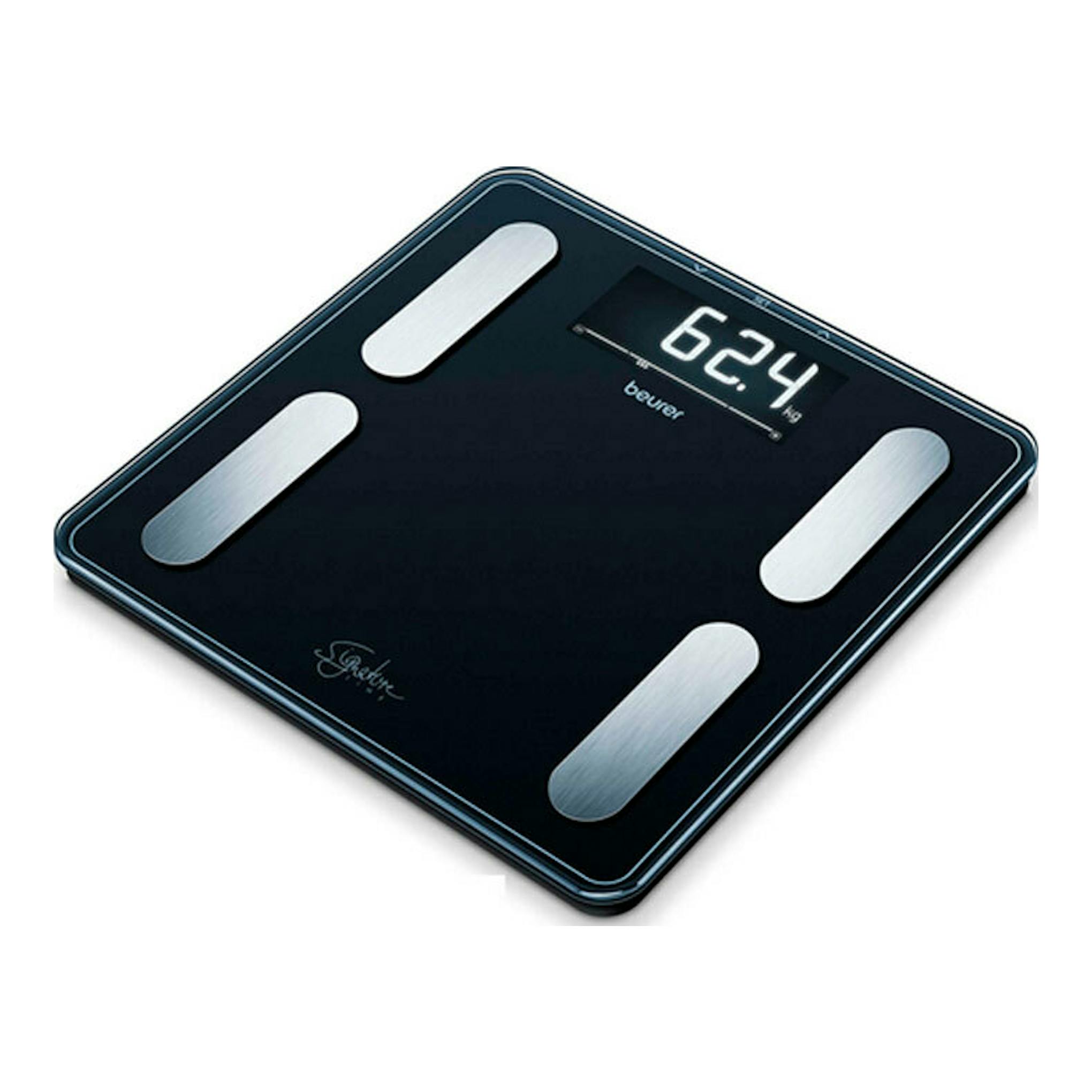Báscula de baño Beurer BF-400 negra, vista en ángulo con pantalla digital iluminada y cuatro sensores plateados.
