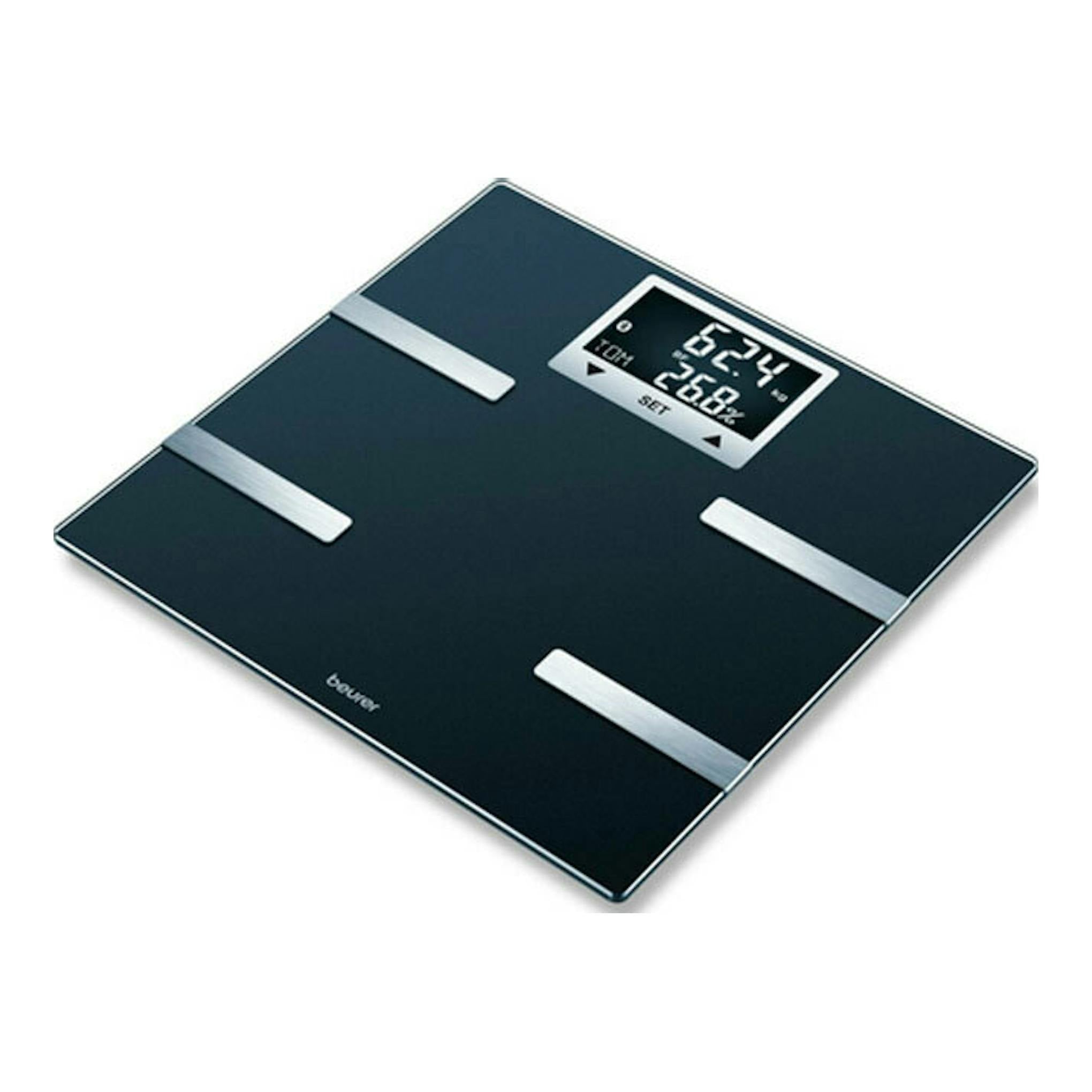 Báscula de baño Beurer BF-720BT negra, vista superior inclinada, con pantalla digital y franjas plateadas.